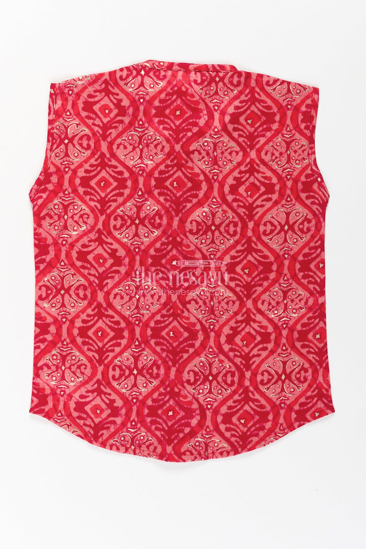 The Nesavu Baby Jablas Baby Boys Sleeveless Rayon Jabla in Red with Wooden Buttons and Ethnic Prints for Newborn Jhabla Set Nesavu Newborn jhabla set Baby Boys Red Batik Print Rayon Wooden Button Finish | The Nesavu