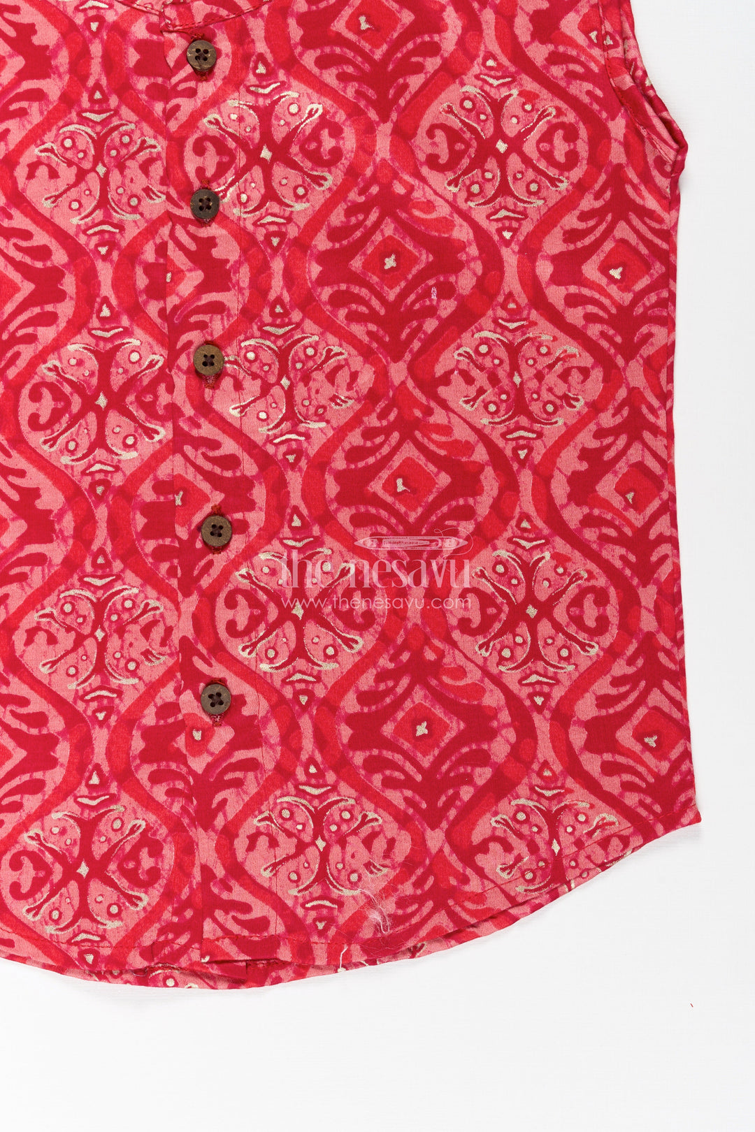 The Nesavu Baby Jablas Baby Boys Sleeveless Rayon Jabla in Red with Wooden Buttons and Ethnic Prints for Newborn Jhabla Set Nesavu Newborn jhabla set Baby Boys Red Batik Print Rayon Wooden Button Finish | The Nesavu