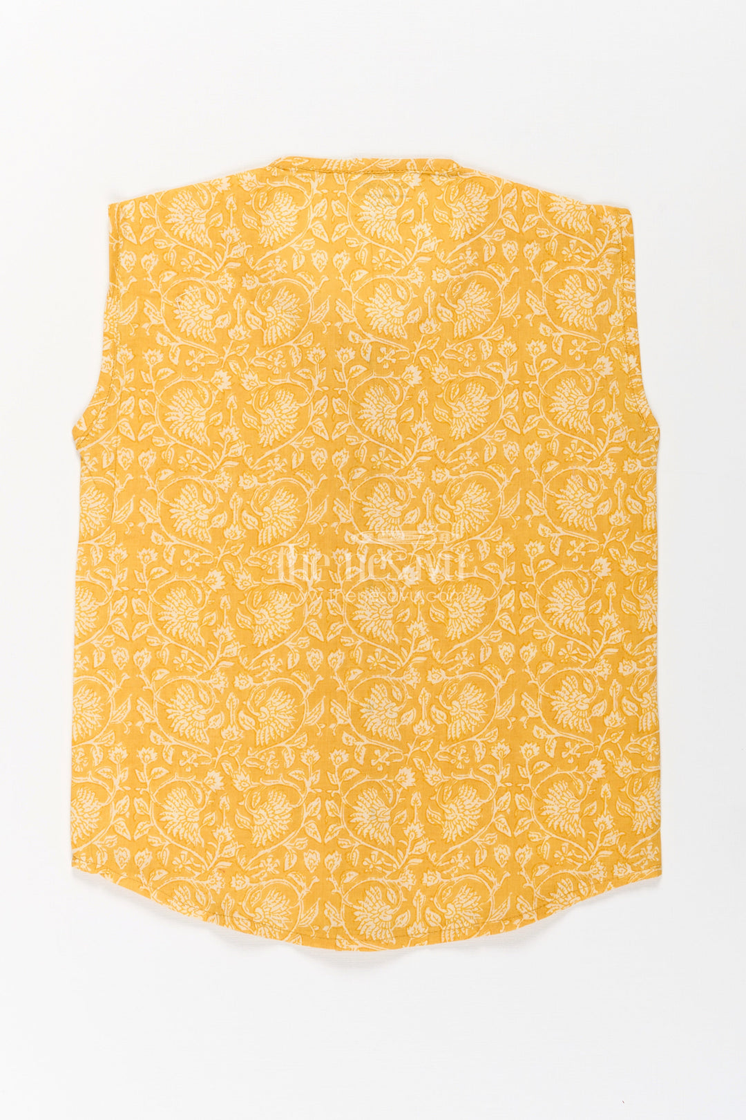 The Nesavu Baby Jablas Baby Boys Yellow Cotton Jabla with Vine Pattern Digital Print in Newborn Jhabla Style Nesavu Newborn jhabla Yellow Cotton White Vine Digital Print Wooden Button Detail | The Nesavu