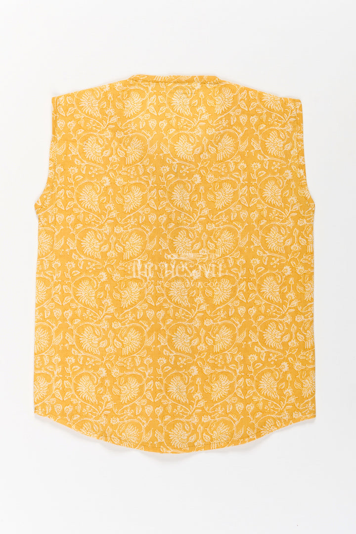 The Nesavu Baby Jablas Baby Boys Yellow Cotton Jabla with Vine Pattern Digital Print in Newborn Jhabla Style Nesavu Newborn jhabla Yellow Cotton White Vine Digital Print Wooden Button Detail | The Nesavu