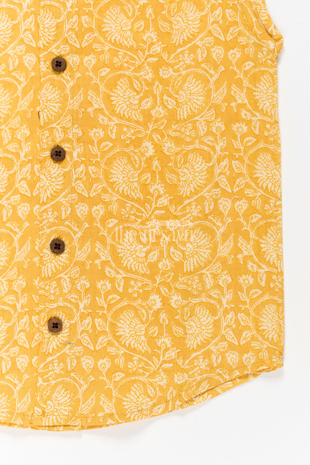 The Nesavu Baby Jablas Baby Boys Yellow Cotton Jabla with Vine Pattern Digital Print in Newborn Jhabla Style Nesavu Newborn jhabla Yellow Cotton White Vine Digital Print Wooden Button Detail | The Nesavu