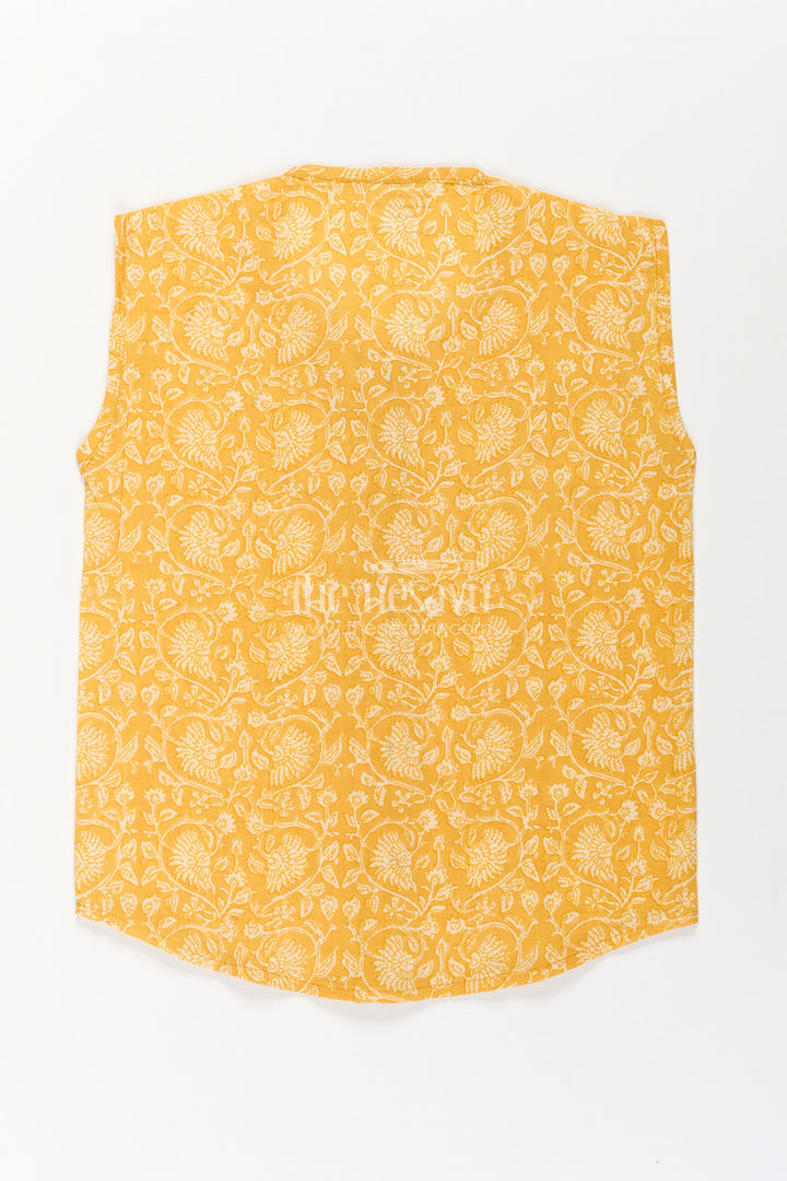 The Nesavu Baby Jablas Baby Boys Yellow Cotton Jabla with Vine Pattern Digital Print in Newborn Jhabla Style Nesavu Newborn jhabla Yellow Cotton White Vine Digital Print Wooden Button Detail | The Nesavu