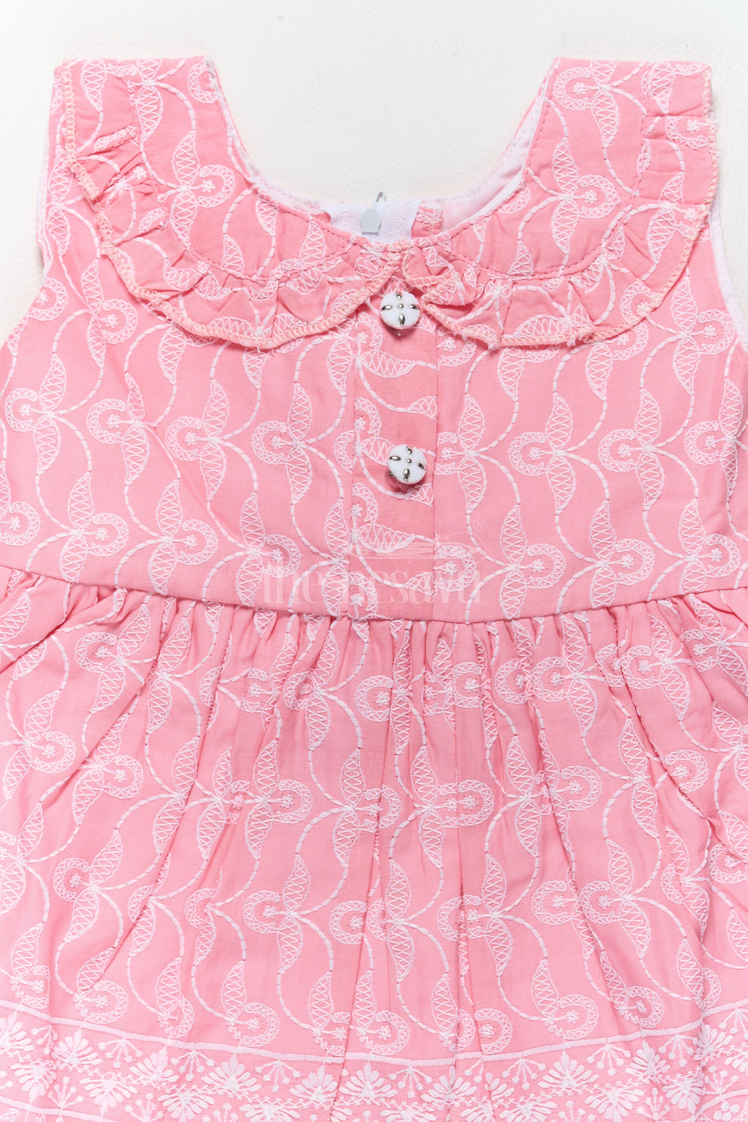 The Nesavu Baby Cotton Frocks Baby Cotton Dress with Pink Embroidered Patterns and Ruffled Collar Nesavu Nesavu Baby Cotton Dress Pink Embroidered Patterns Ruffled Collar