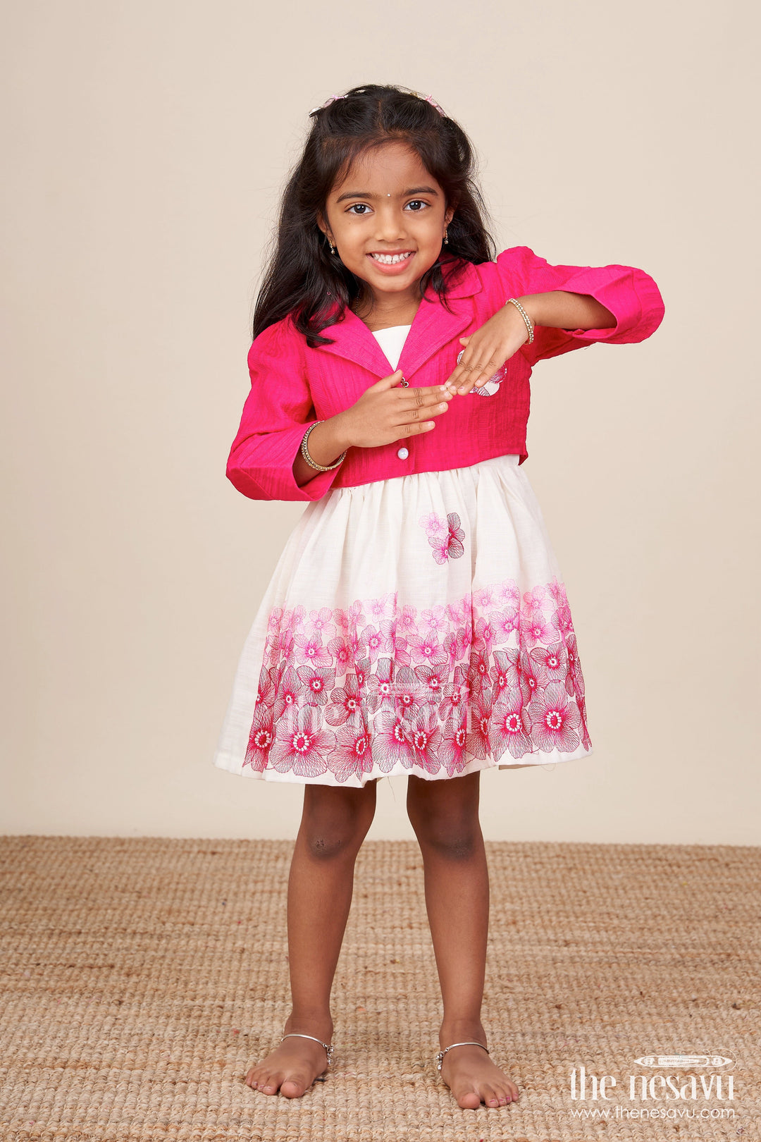 The Nesavu Baby Fancy Frock Baby Cotton Embroidered Frock with Formal Collar Design Nesavu 14 (6M) / Pink BFJ832B-14 Nesavu baby cotton frock jacket look embroidery  festive party wear