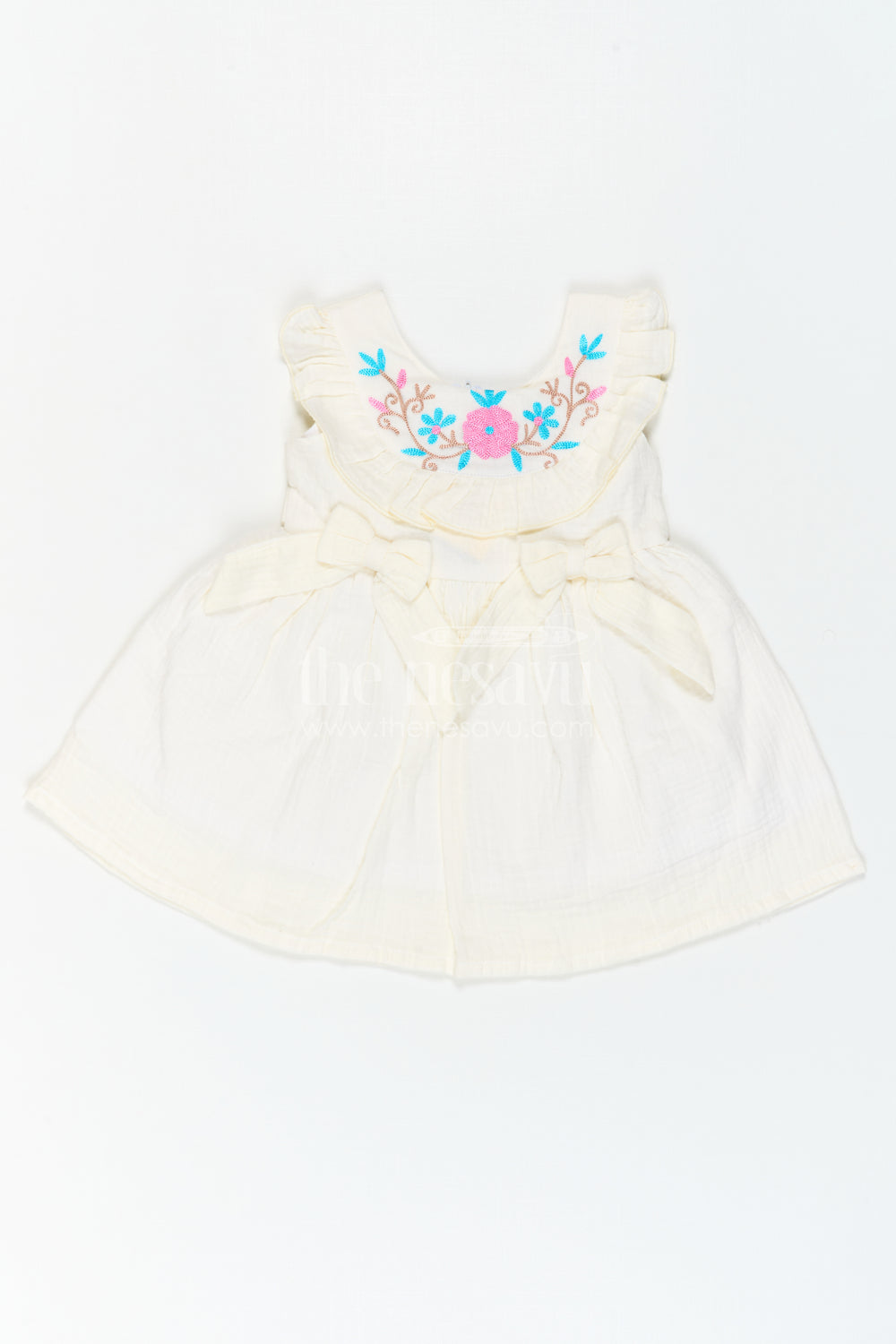 The Nesavu Baby Cotton Frocks Baby Cotton Frock for First Birthday Photoshoot Nesavu 14 (6M) / Cream / Muslin Cotton BFJ1012A-14 Nesavu Baby Cotton Frock For First Birthday Photoshoot With Floral Thread Embroidery And Ruffles