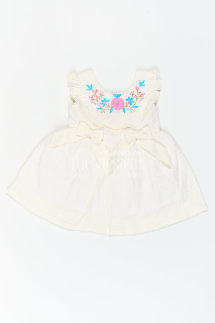 The Nesavu Baby Cotton Frocks Baby Cotton Frock for First Birthday Photoshoot Nesavu 14 (6M) / Cream / Muslin Cotton BFJ1012A-14 Nesavu Baby Cotton Frock For First Birthday Photoshoot With Floral Thread Embroidery And Ruffles