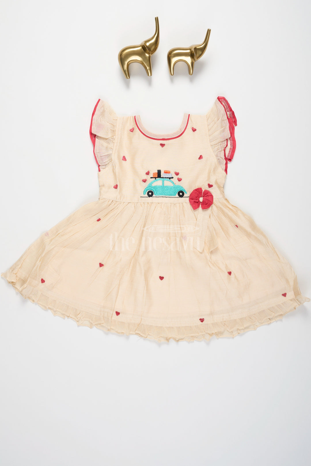 The Nesavu Girls Cotton Frock Baby Cotton Frock in Half White with Red Heart Embroidery and Car Motif Nesavu Nesavu Baby Cotton Frock Cream Red Heart Embroidery Car Motif