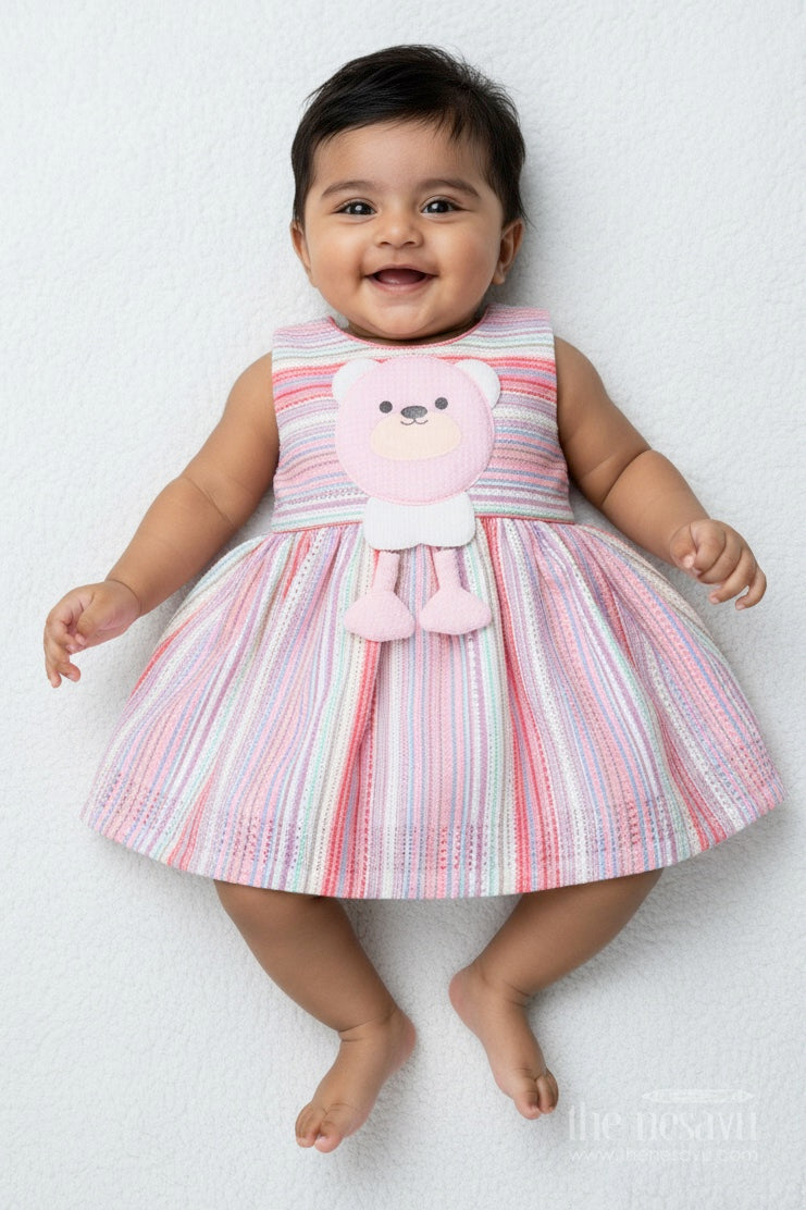 The Nesavu Baby Cotton Frocks Baby Cotton Frock with Toy Patch Soft and Playful Striped Design Nesavu 14 (6M) / Peach BFJ846B-14 Nesavu striped baby girl cotton frock toy patch soft everyday outfit