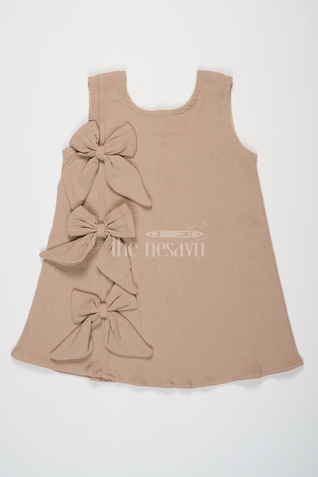 The Nesavu Baby Cotton Frocks Baby Cotton Frocks Beige Birthday Dress Frock Nesavu 14 (6M) / Beige BFJ663A-14 Nesavu Baby Beige Cotton Frock Bow Detail Birthday Dress Frock