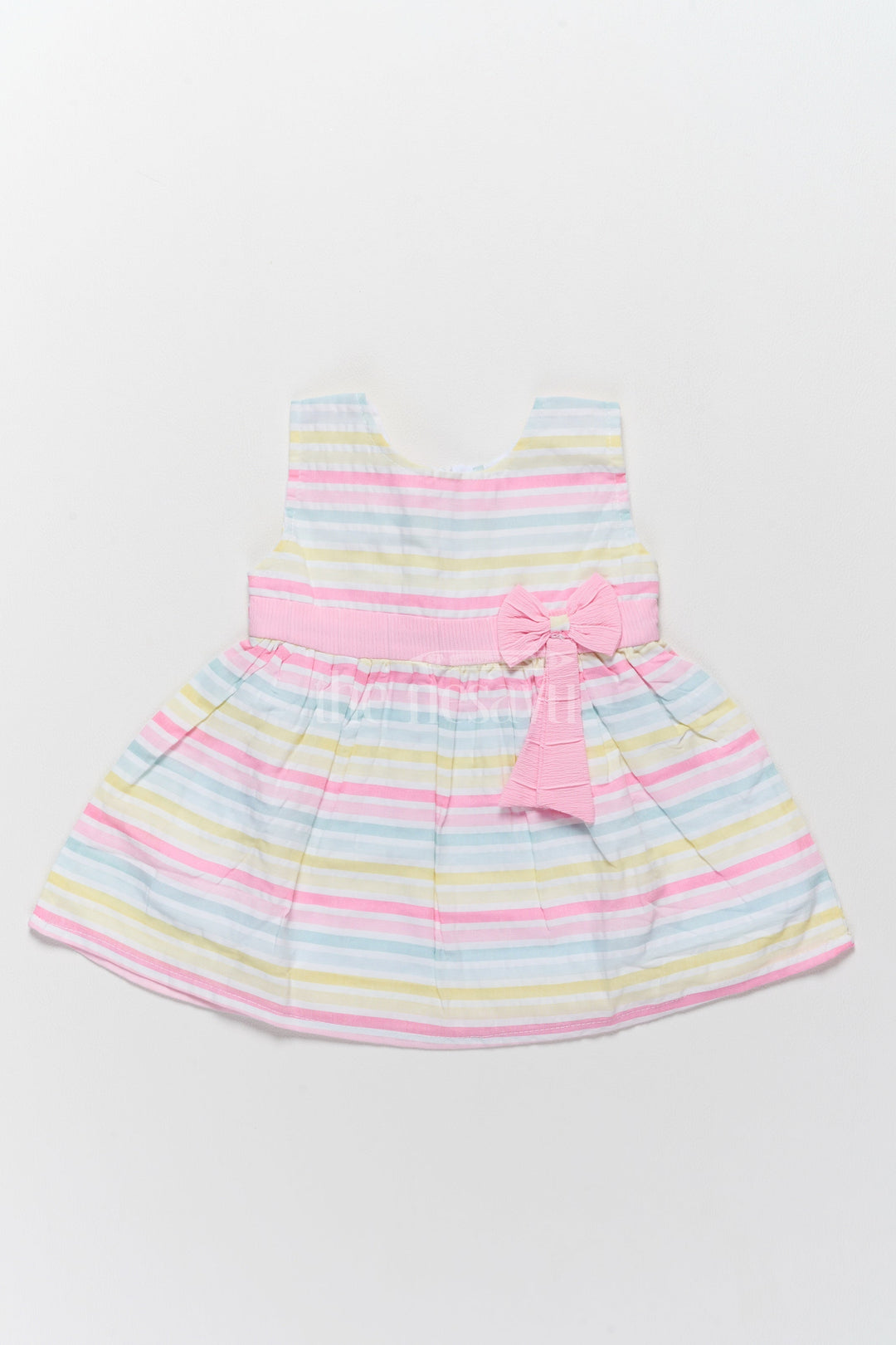 The Nesavu Baby Cotton Frocks Baby Cotton Half Frock with Multicolor Stripes and Pink Bow Accent Nesavu 14 (6M) / Multicolor BFJ692A-14 Nesavu Baby Cotton Half Frock Multicolor Stripes Pink Bow Accent