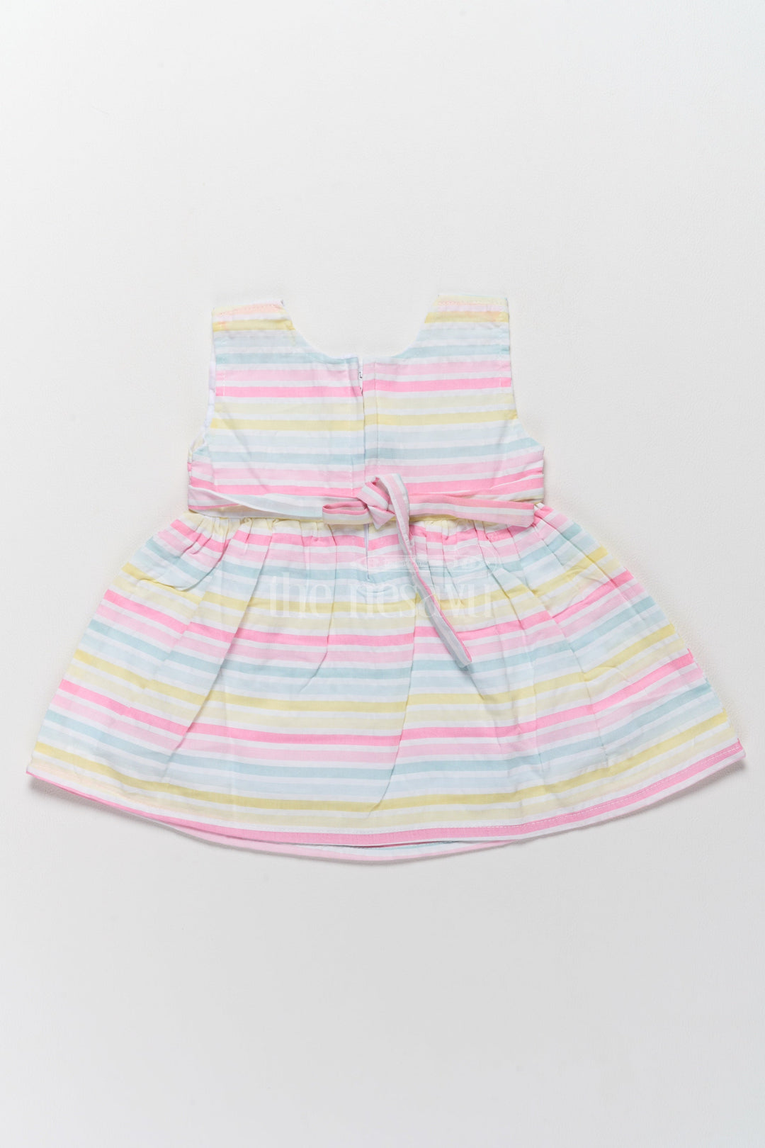 The Nesavu Baby Cotton Frocks Baby Cotton Half Frock with Multicolor Stripes and Pink Bow Accent Nesavu Nesavu Baby Cotton Half Frock Multicolor Stripes Pink Bow Accent