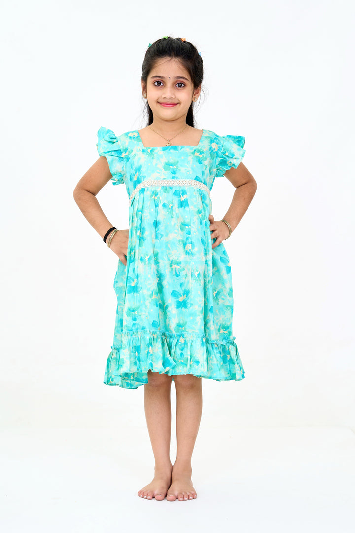 The Nesavu Girls Cotton Frock Baby Cotton Hug Clothing with Blue Floral Prints and Ruffled Design Nesavu 16 (1Y) / Blue GFC1579D-16 Baby Cotton Hug Clothing Floral Prints Ruffled Hem Blue | The Nesavu