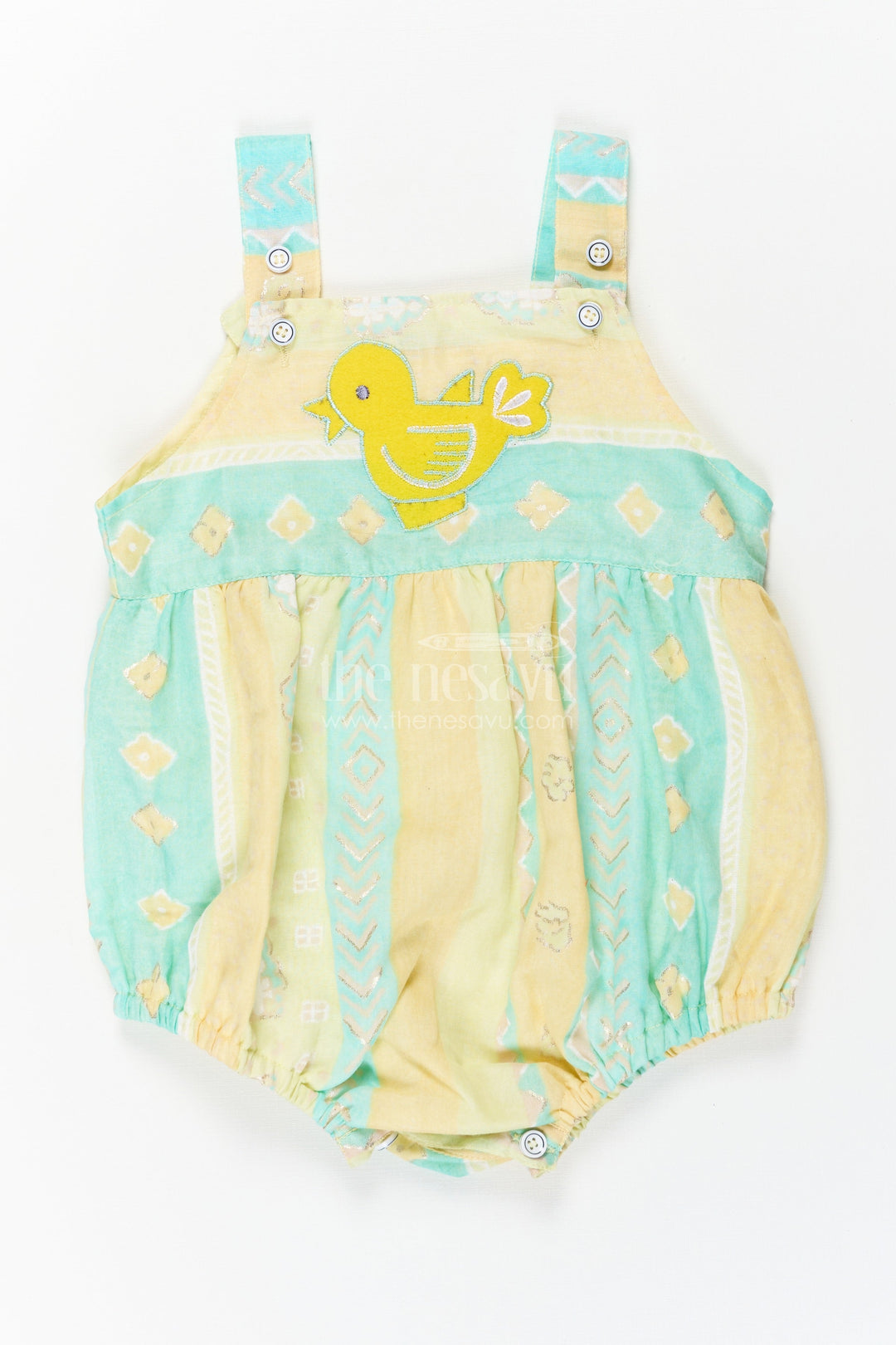 The Nesavu Baby Rompers/Onesies Baby Cotton Rompers in Soft Fabric with Bird Appliqué and Adjustable Straps for Comfort Nesavu 14 (6M) / Yellow IF024A-14 Baby Cotton Rompers Bird Appliqu Adjustable Straps Soft Fabric | The Nesavu