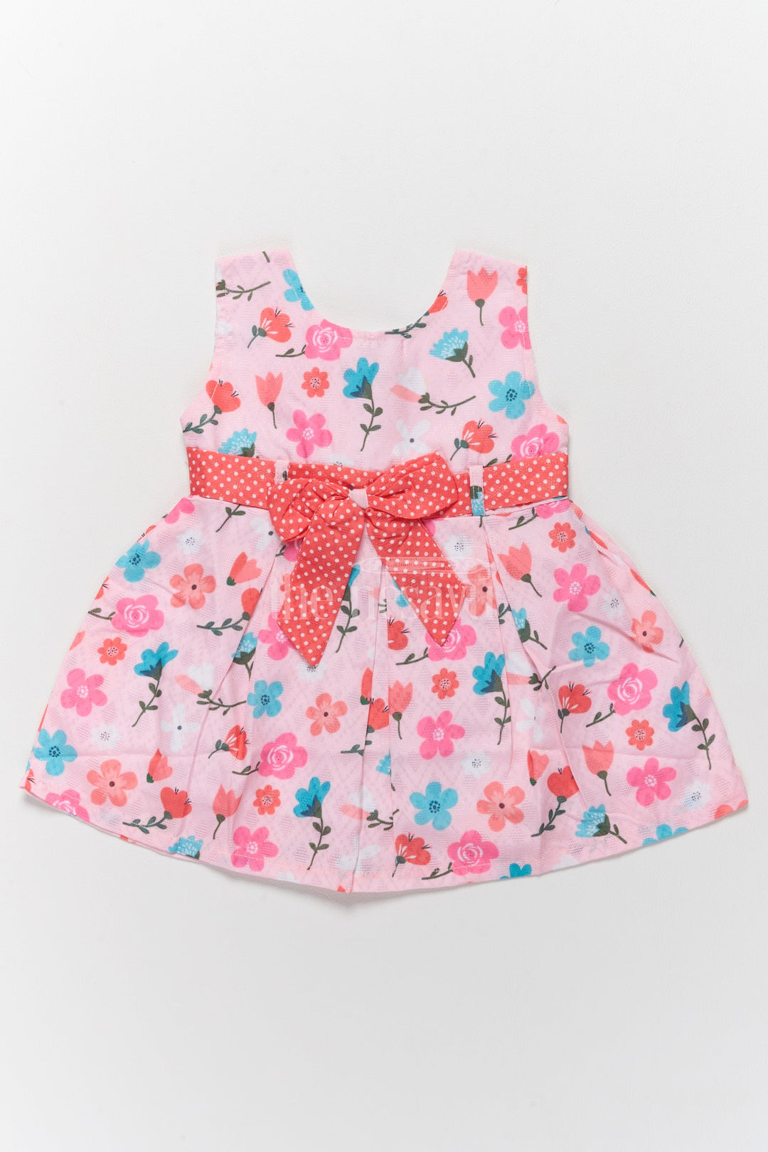 The Nesavu Baby Cotton Frocks Baby Cotton Stylish Frock with Pink Floral Design and Polka Dot Bow Nesavu 14 (6M) / Pink BFJ696A-14 Nesavu Baby Cotton Stylish Frock Pink Floral Design Polka Dot Bow