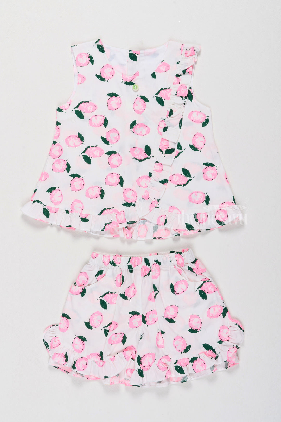 The Nesavu Baby Casual Sets Baby Dress with Adorable Peach Print and Frill Detailing Baby Casual Set Nesavu 12 (3M) / Pink BFJ709A-12 Charming Baby Dress Peach Prints Bloomers Baby Casual Set | The Nesavu