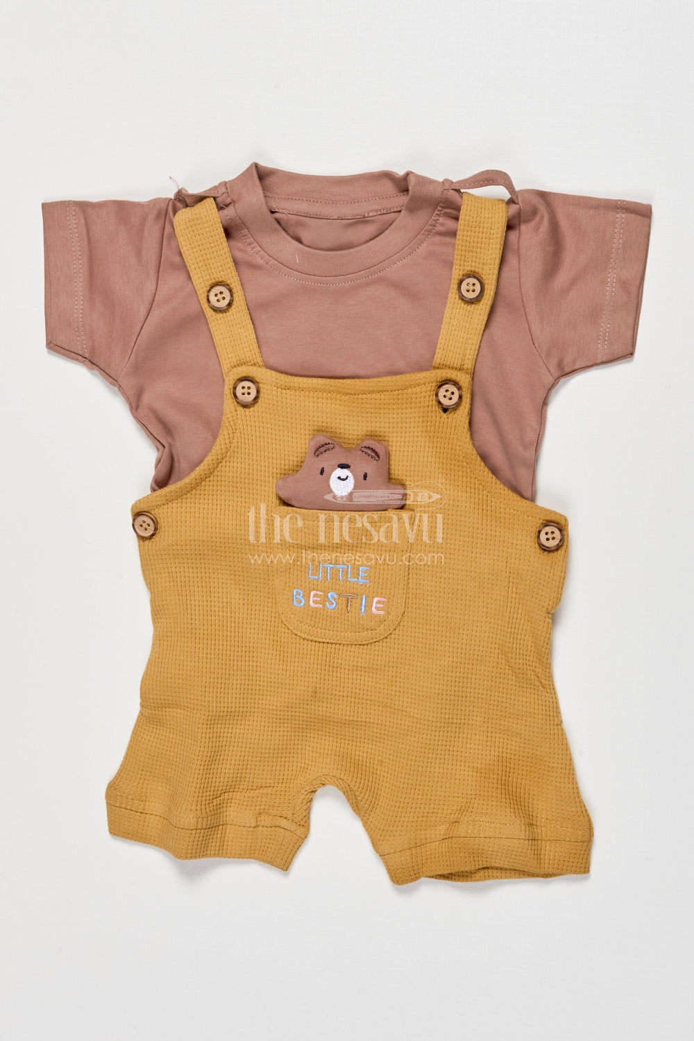 The Nesavu Baby Dungarees Baby Dungaree and Tee Cotton Set for Outings and Everyday Style Nesavu 14 (6M) / Brown BCS539A-14 Nesavu baby cotton dungaree set printed tee everyday wear comfortable outings