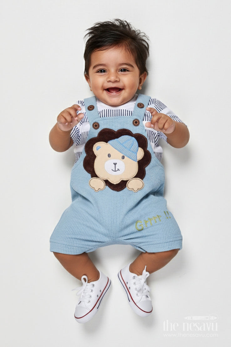 The Nesavu Baby Dungarees Baby Dungaree Set with Embroidered Bear Motif for Daily Cuteness Nesavu 14 (6M) / Blue BCS519A-14 Nesavu embroidered baby dungaree cotton set bear motif  perfect everyday outings play