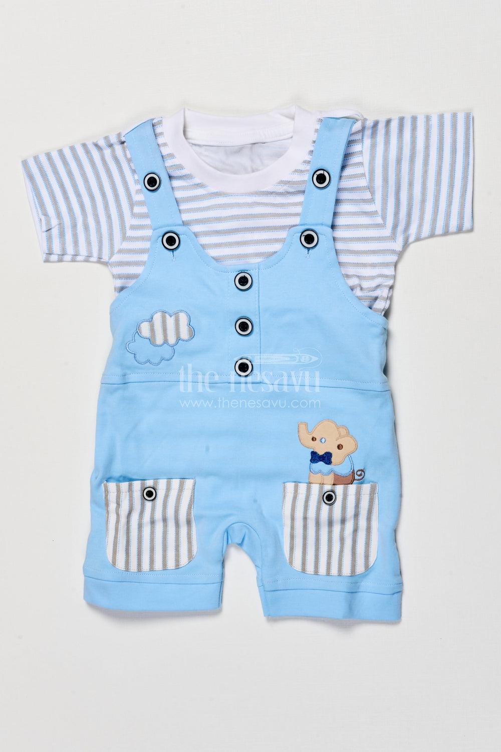 The Nesavu Baby Dungarees Baby Dungaree Set with Embroidery for Casual Play and Day Outings Nesavu 14 (6M) / Blue BCS512B-14 Nesavu embroidered baby dungaree set cotton everyday comfort playful outings