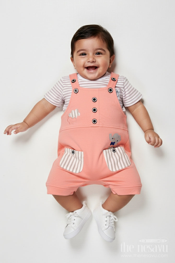 The Nesavu Baby Dungarees Baby Dungaree Set with Embroidery for Casual Wear and Playtime Nesavu 14 (6M) / Peach BCS512A-14 Nesavu baby dungaree set embroidered detailing playful comfort everyday wear