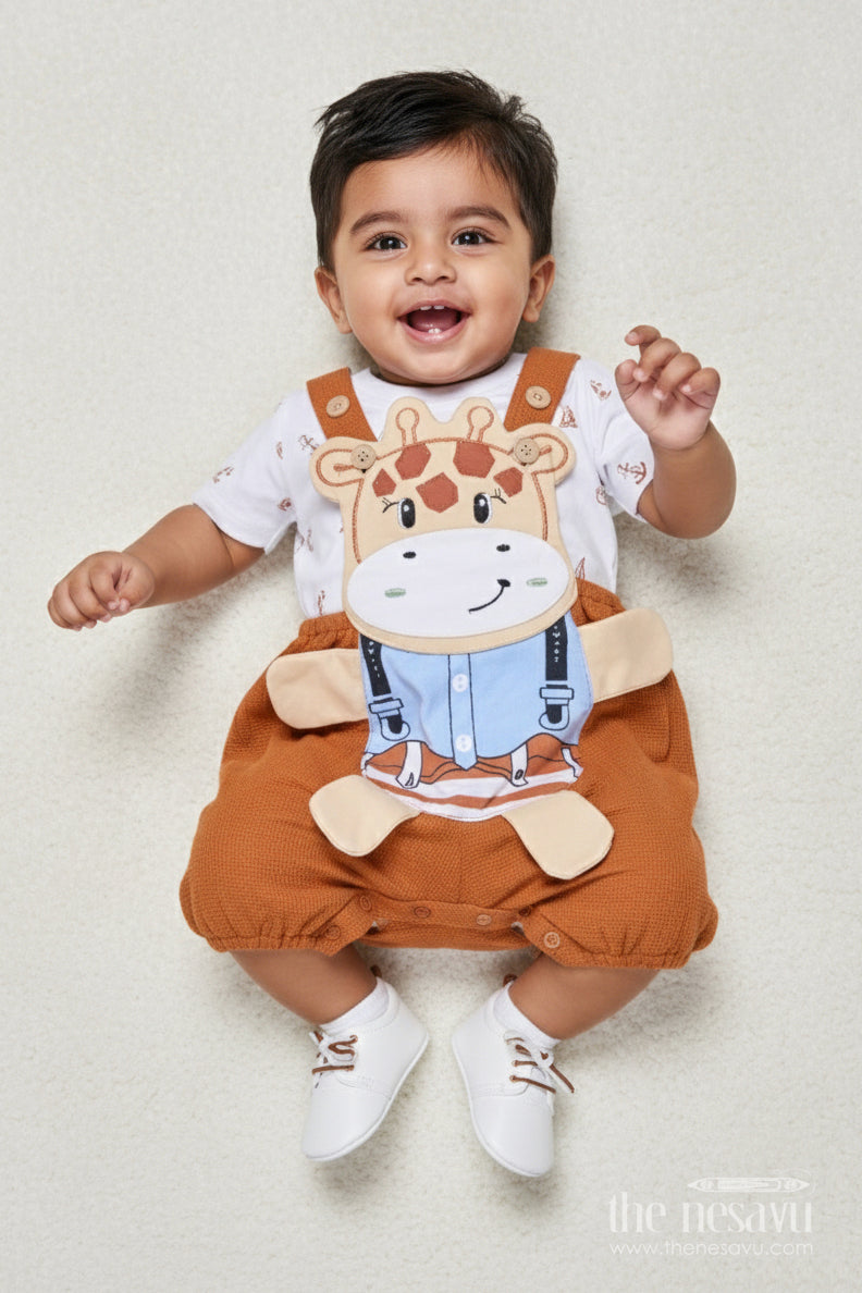 The Nesavu Baby Dungarees Baby Dungaree Set with Printed Tee for Playful Everyday Moments Nesavu 14 (6M) / Cream BCS532A-14 Nesavu baby cotton dungaree set printed top everyday play toddler comfort