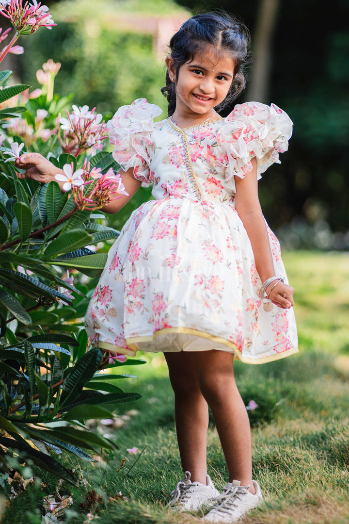 The Nesavu Silk Party Frock Baby Fancy Floral Frock with Puffed Sleeves and Gold Accents for Special Occasions Nesavu 16 (1Y) / Pink SF927A-16 Nesavu Baby Fancy Floral Frock Puffed Sleeves Gold Accents Special Celebrations