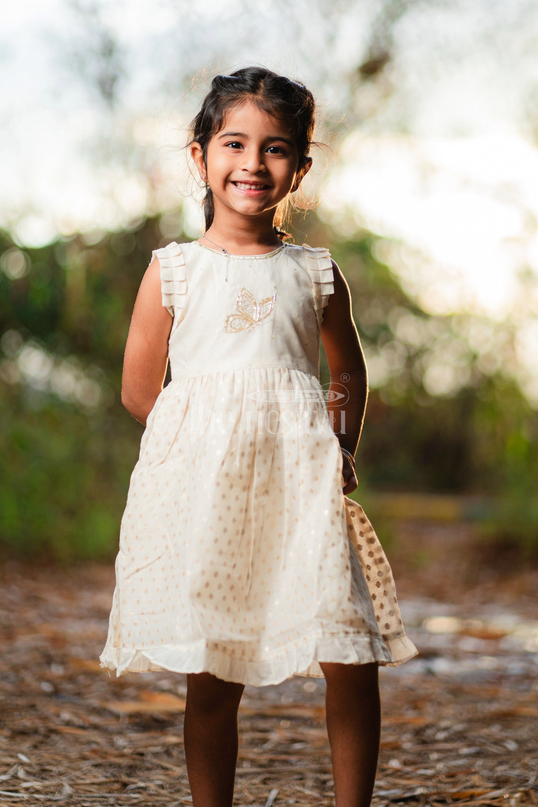 The Nesavu Girls Cotton Frock Baby Fancy Frock in Cream with Golden Accents and Ruffled Sleeves Nesavu 16 (1Y) / Half white GFC1416A-16 Nesavu Baby Fancy Frock Cream Golden Butterfly Motif Ruffled Hem