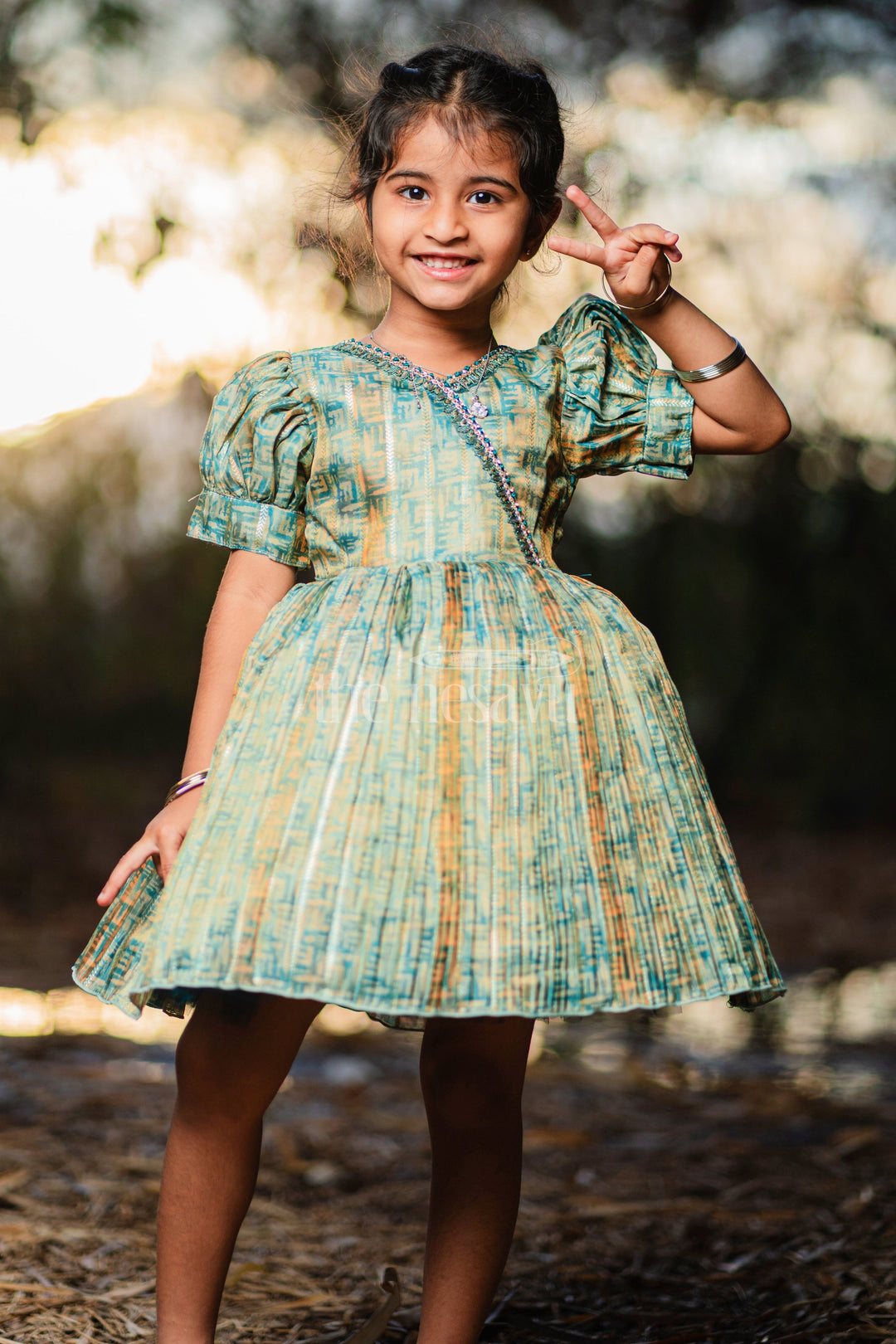 The Nesavu Silk Party Frock Baby Fancy Frock in Green Tissue Organza with Puff Sleeves and Silver Embellishments Nesavu 16 (1Y) / Green SF928A-16 Nesavu Baby Fancy Frock Puff Sleeves Green Tissue Organza Silver Embellishments