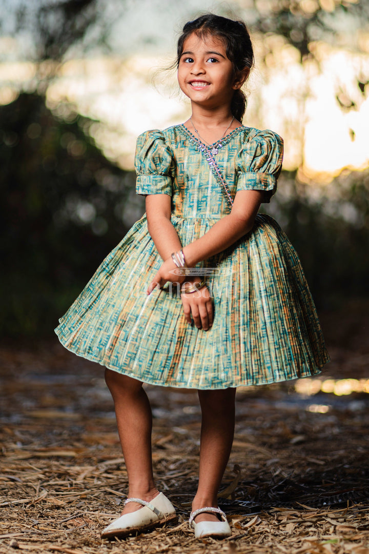 The Nesavu Silk Party Frock Baby Fancy Frock in Green Tissue Organza with Puff Sleeves and Silver Embellishments Nesavu Nesavu Baby Fancy Frock Puff Sleeves Green Tissue Organza Silver Embellishments