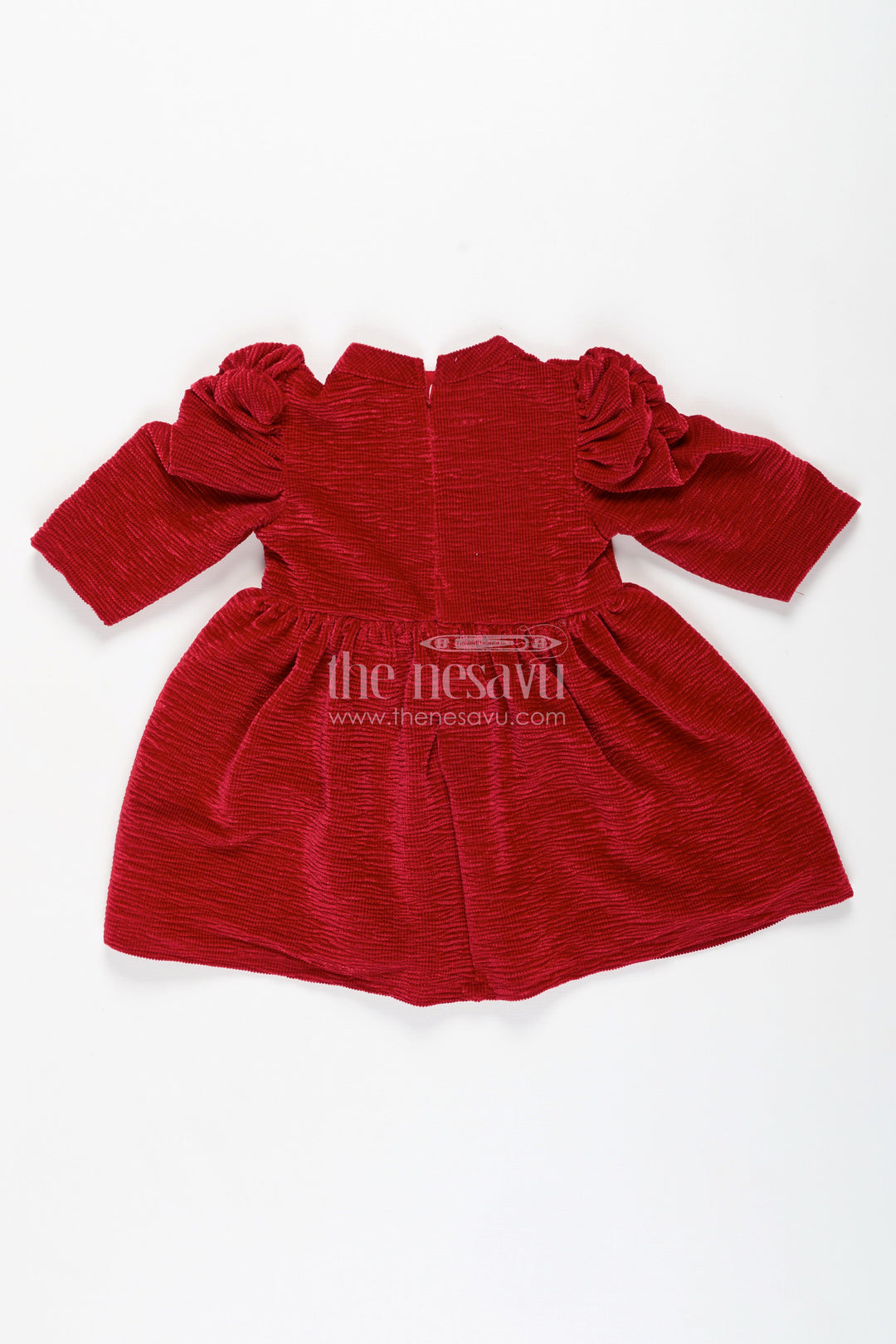 The Nesavu Baby Fancy Frock Baby Fancy Frock in Rich Red Velvet with Puff Sleeves and Elegant Gathered Waist for Girls Nesavu Nesavu Red Velvet Baby Fancy Frock Puff Sleeves Gathered Waistline Girls