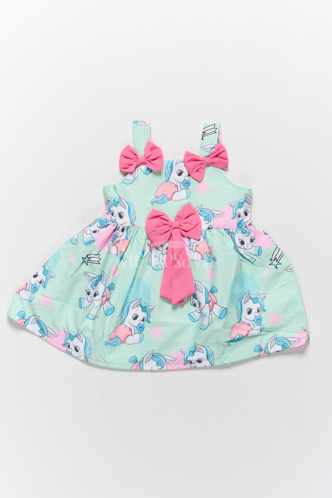 The Nesavu Baby Fancy Frock Baby Fancy Poly Crepe Simple Frock with Unicorn Prints and Pink Bow Accents Nesavu 14 (6M) / Green BFJ690B-14 Nesavu Baby Fancy Poly Crepe Simple Frock Unicorn Prints Pink Bow Accents