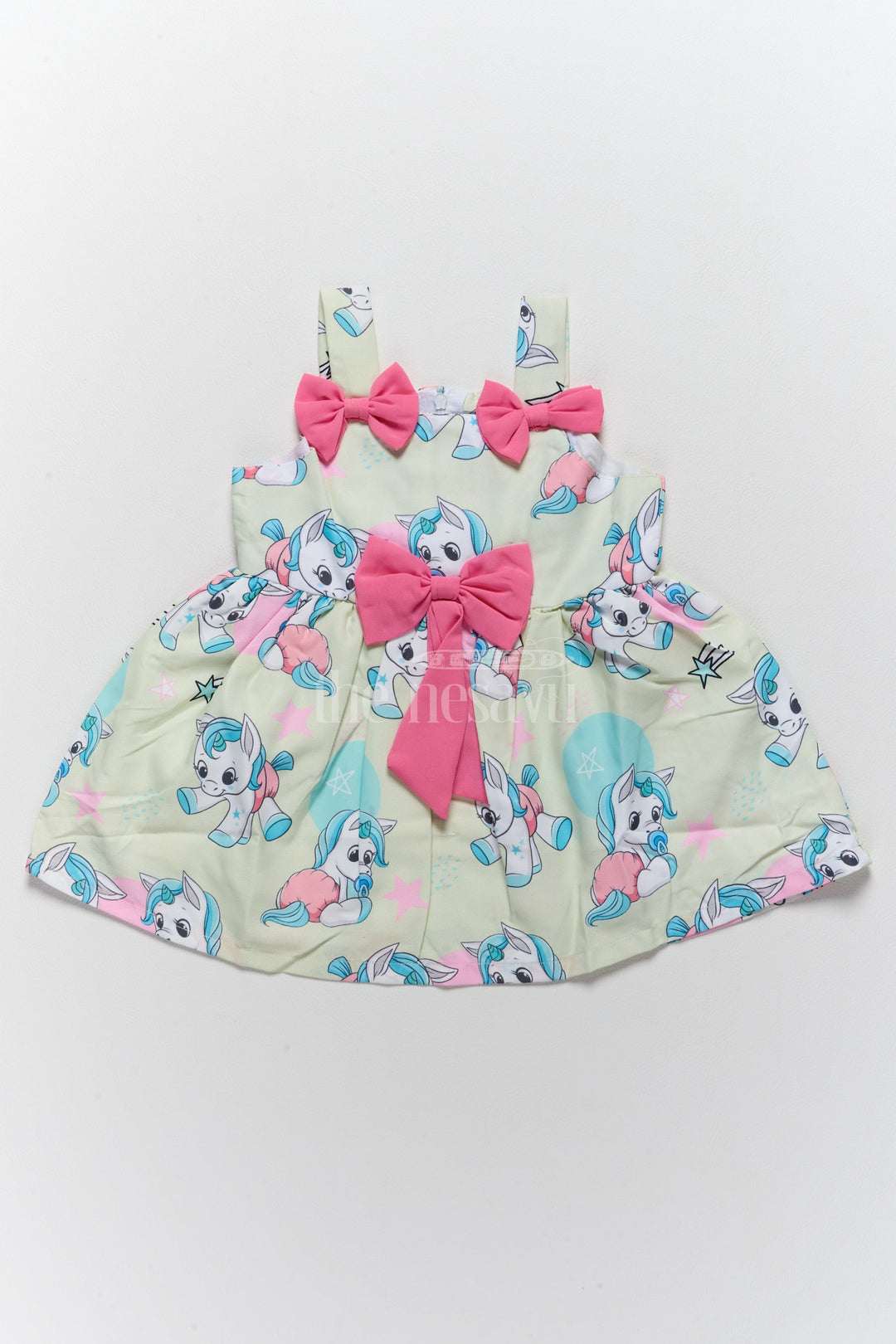 The Nesavu Baby Fancy Frock Baby Fancy Western Frock with Adorable Unicorn Prints and Pink Bow Accents Nesavu 14 (6M) / Yellow BFJ690A-14 Nesavu Baby Fancy Western Frock Unicorn Prints Pink Bow Accents