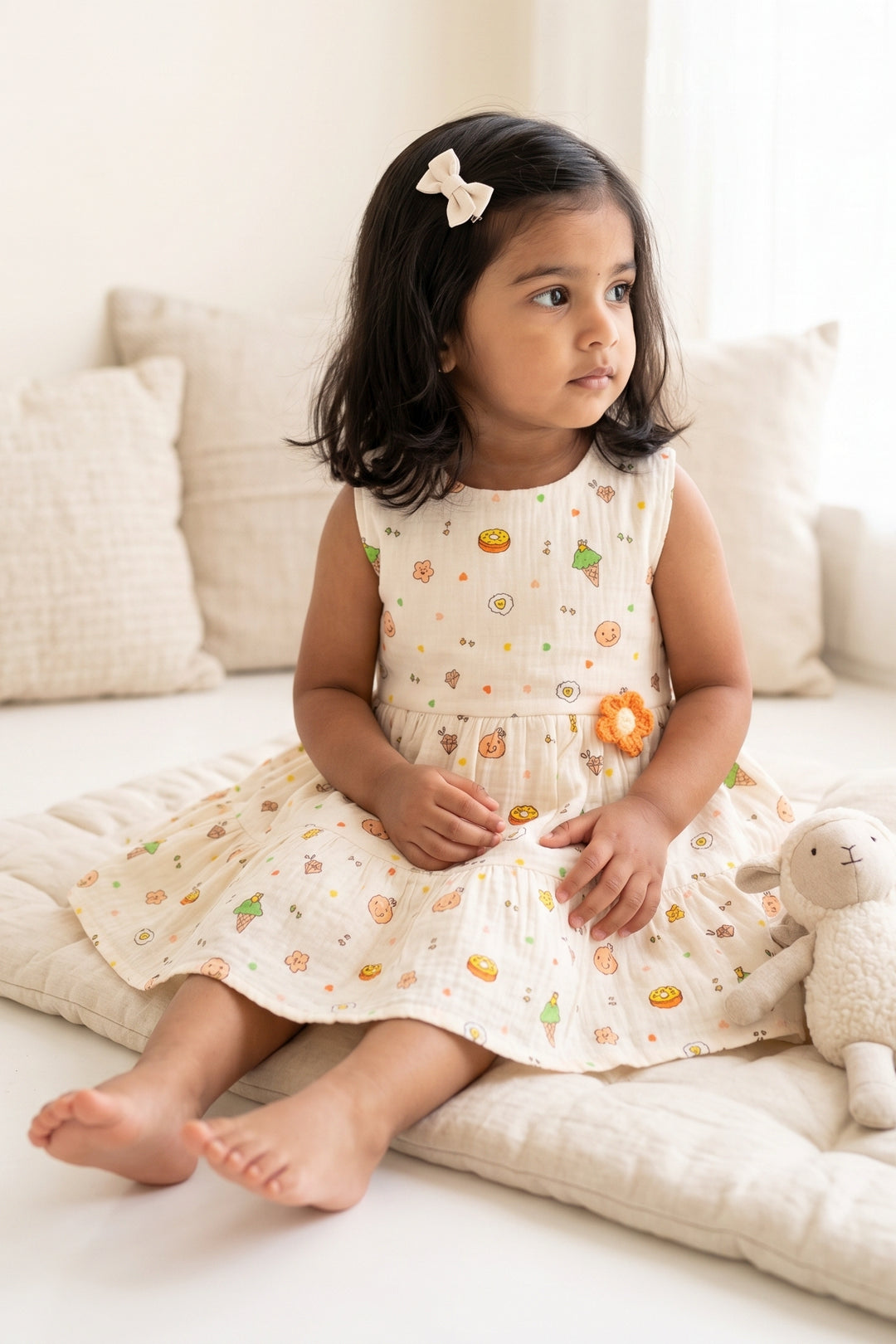 The Nesavu Baby Cotton Frocks Baby Floral Frock for Cheerful Birthday Outings Nesavu 14 (6M) / Cream / Muslin Cotton BFJ1016A-14 Nesavu Baby Floral Frock For Cheerful Birthday Outings With Soft Muslin Cotton And Playful Print