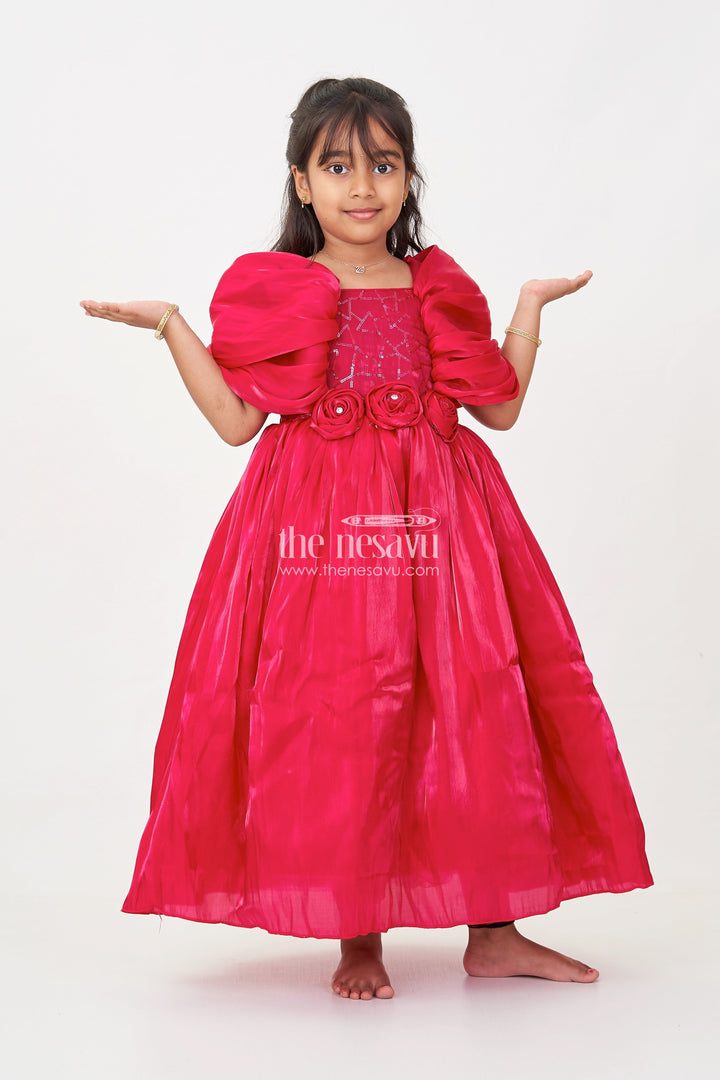 The Nesavu Girls Fancy Party Frock Baby Frock for First Birthday in Rich Glaze Organza with Sequin Embellished Yoke and Rosette Detailing Nesavu 22 (4Y) / Pink PF217A-22 Baby Frock for First Birthday in Glaze Organza with Sequin Embellished Yoke and Rosette Accents | The Nesavu