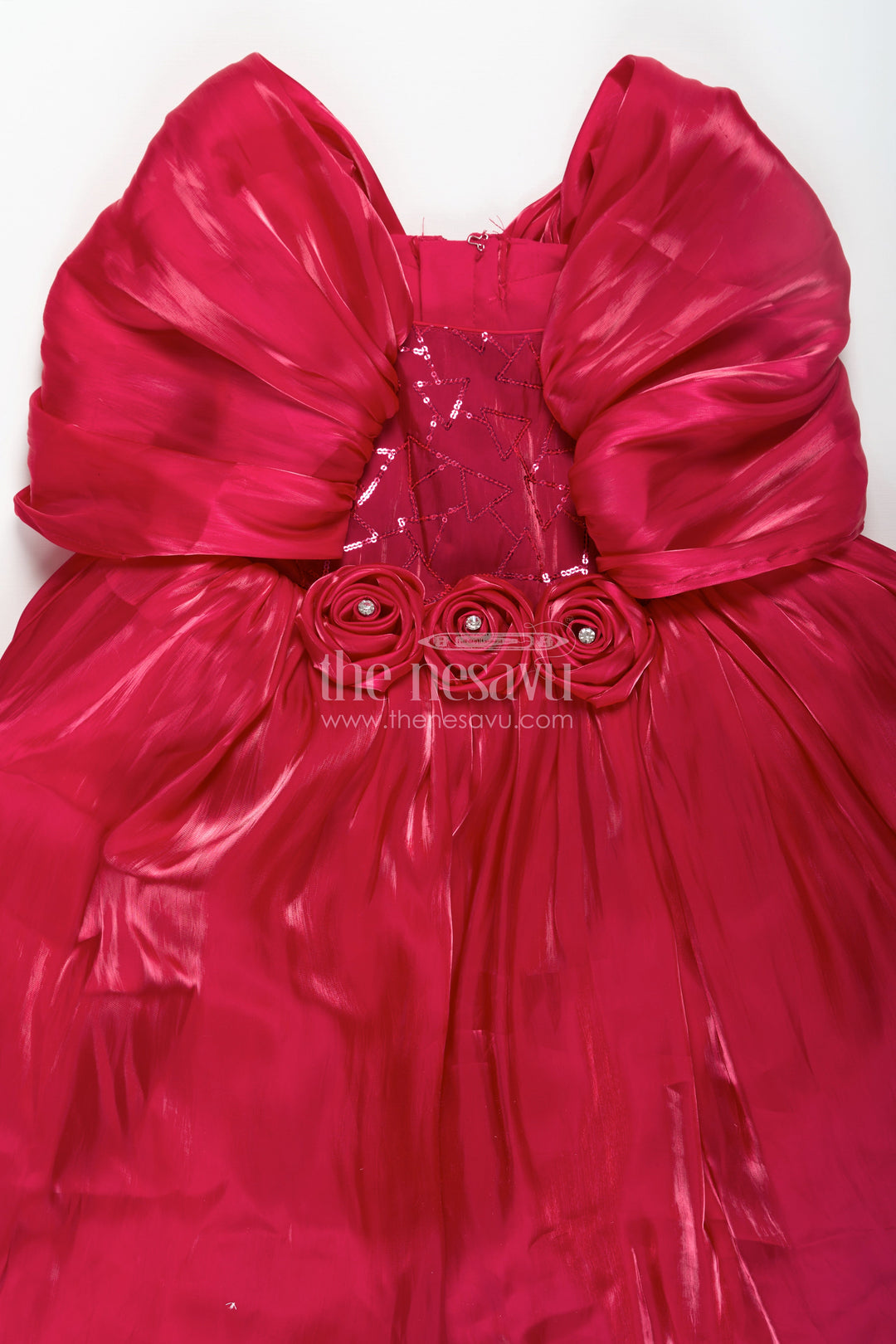 The Nesavu Girls Fancy Party Frock Baby Frock for First Birthday in Rich Glaze Organza with Sequin Embellished Yoke and Rosette Detailing Nesavu Baby Frock for First Birthday in Glaze Organza with Sequin Embellished Yoke and Rosette Accents | The Nesavu