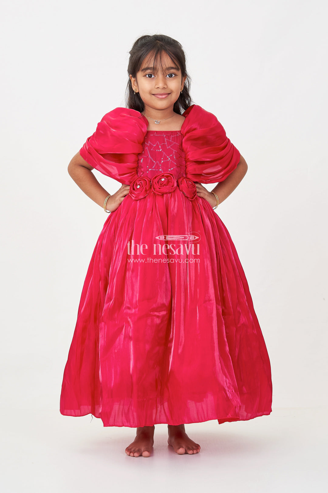 The Nesavu Girls Fancy Party Frock Baby Frock for First Birthday in Rich Glaze Organza with Sequin Embellished Yoke and Rosette Detailing Nesavu Baby Frock for First Birthday in Glaze Organza with Sequin Embellished Yoke and Rosette Accents | The Nesavu