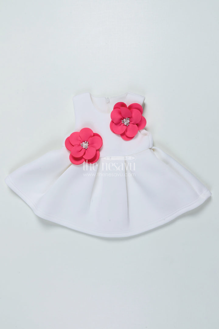 The Nesavu Girls Fancy Party Frock Baby Girl Birthday Frock with Floral Accents In Soft Scuba Fabric Nesavu 14 (6M) / Half white PF259B-14 Nesavu baby girl party frock flower detailing soft scuba dress birthdays