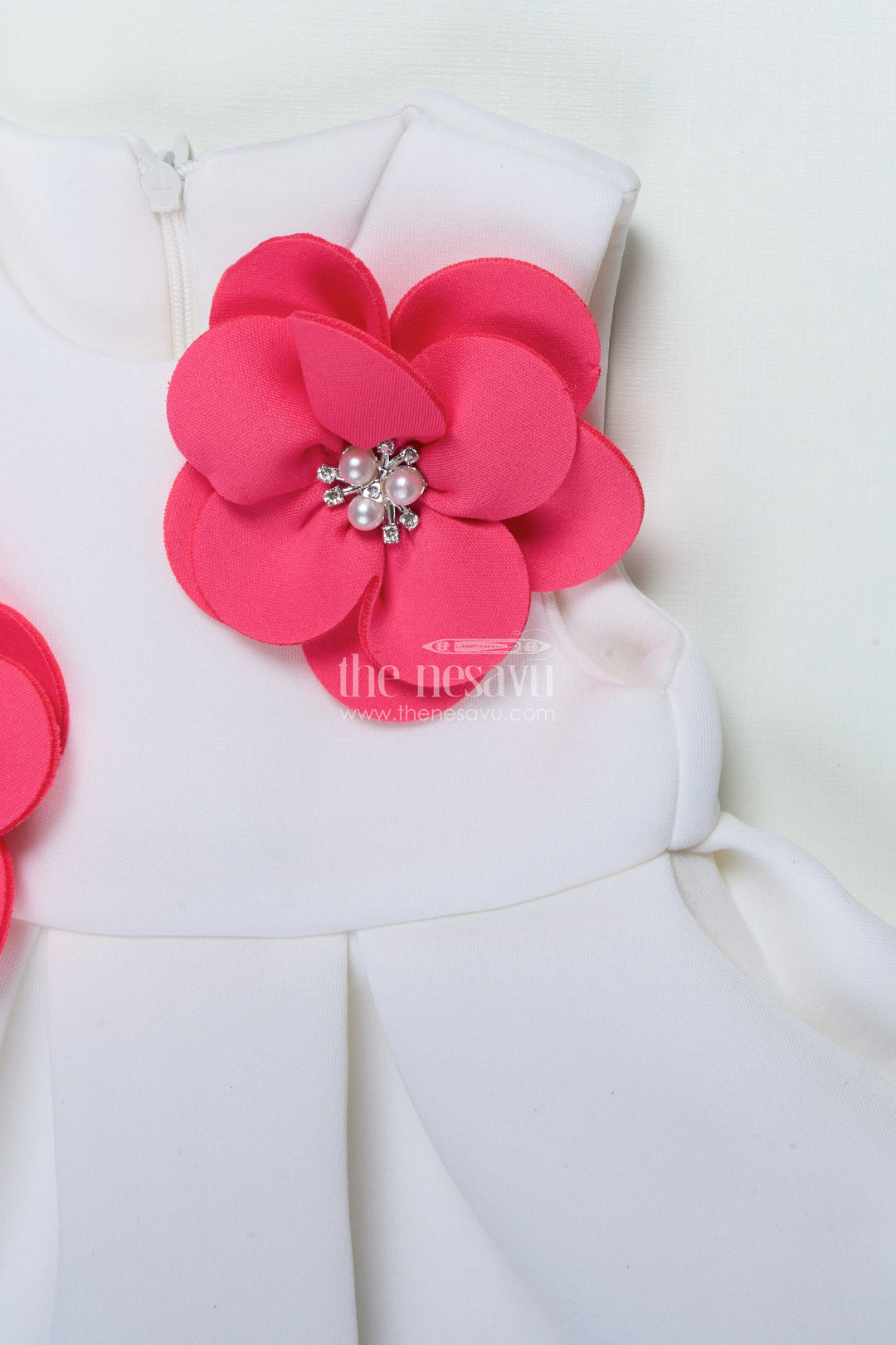 The Nesavu Girls Fancy Party Frock Baby Girl Birthday Frock with Floral Accents In Soft Scuba Fabric Nesavu Nesavu baby girl party frock flower detailing soft scuba dress birthdays