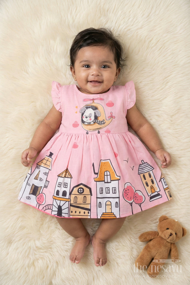 The Nesavu Baby Cotton Frocks Baby Girl Cartoon Print Cotton Frock with Frills for Everyday Charm Nesavu 14 (6M) / Peach BFJ897B-14 Nesavu baby girl frock with puppy helicopter and cartoon house digital print