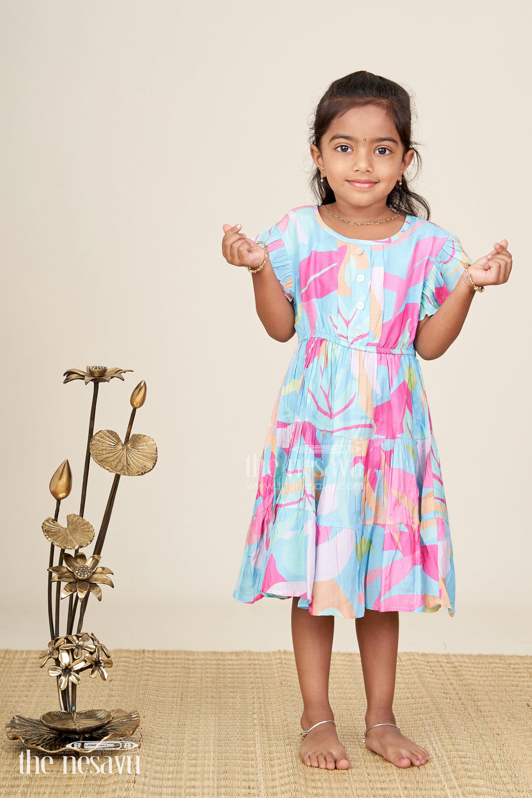 The Nesavu Girls Cotton Frock Baby Girl Casual Frock With Traditional Flair In Colorful Cotton And Layered Pleats For Comfortable Style Nesavu 20 (3Y) / Blue GFC1857A-20 Nesavu Cotton Casual Frock Baby Girls Traditional Inspired Design Layered Pleats