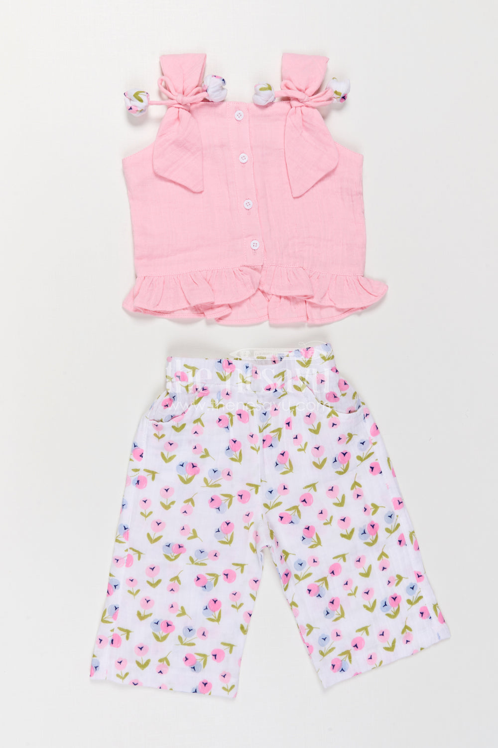 The Nesavu Girls Casual Set Baby Girl Casual Set for Summer Playdates and Outings Nesavu Nesavu Baby Girl Casual Set For Summer Playdates With Muslin Cotton Digital Print And Tie Up Top Design