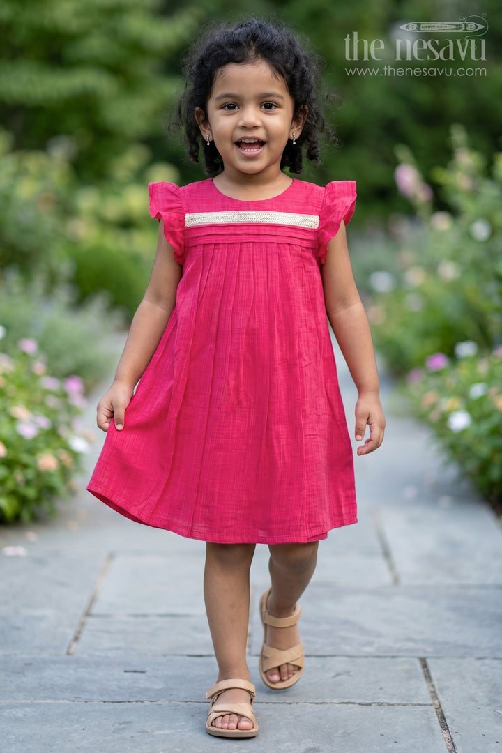The Nesavu Girls Chanderi Frock Baby Girl Chanderi Cotton Frock with Pleated Yoke for Family Gatherings and Ethnic Days Nesavu 10 (NB) / Red / Chanderi GFC2096BB-10 Nesavu baby girl chanderi cotton frock with pleated yoke and lace for ethnic day and pooja wear