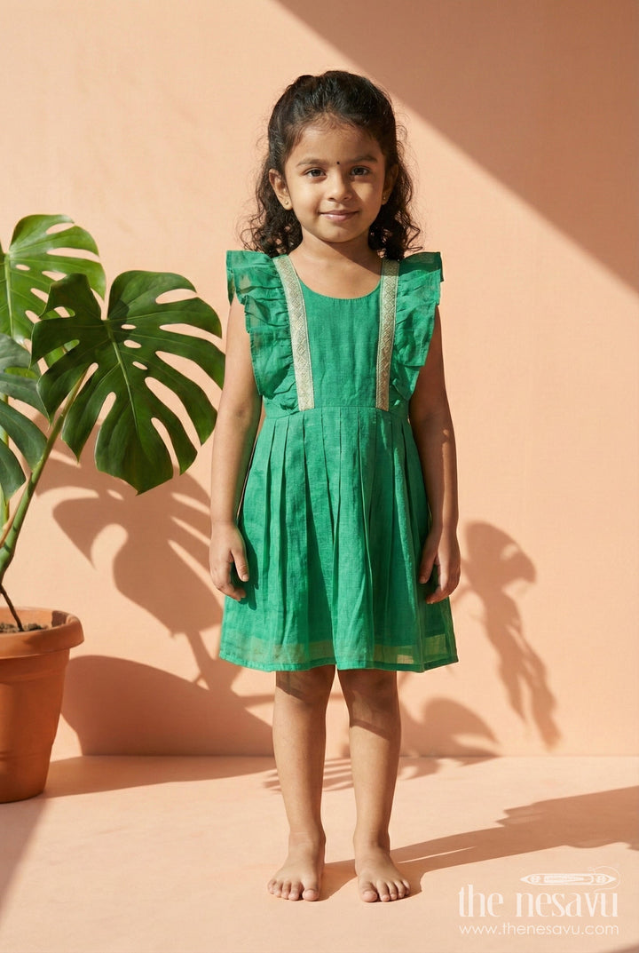 The Nesavu Girls Chanderi Frock Baby Girl Chanderi Frock for School Events and Festive Functions Nesavu 16 (1Y) / Green / Chanderi GFC2062A-16 Nesavu baby girl chanderi cotton frock with pleats and lace for festive school occasions