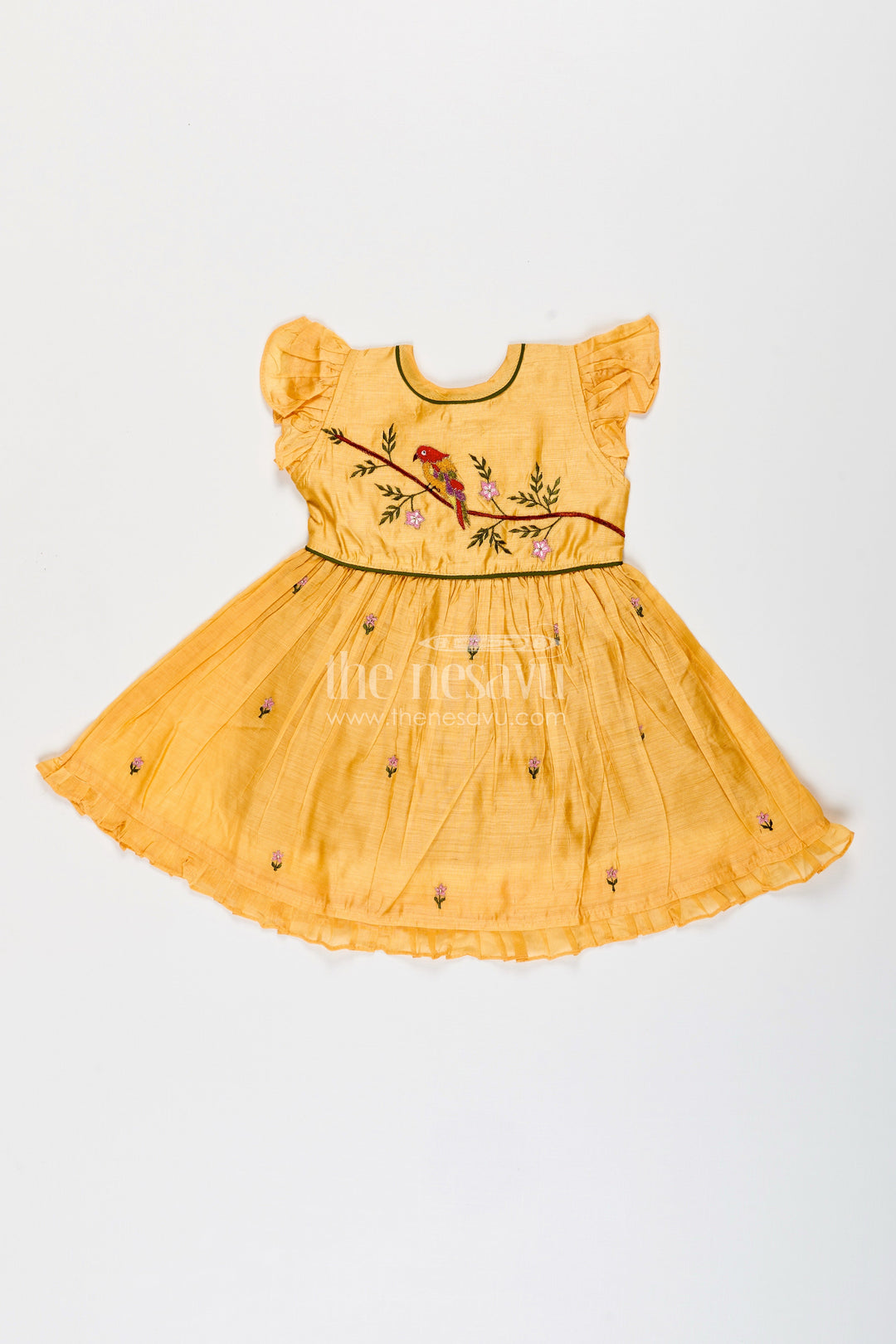 The Nesavu Girls Chanderi Frock Baby Girl Chanderi Frock with Bird Embroidery for Festive Occasions Nesavu 16 (1Y) / Yellow GFC1929A-16 Nesavu baby girl chanderi frock parrot embroidery ruffle sleeves festive celebrations