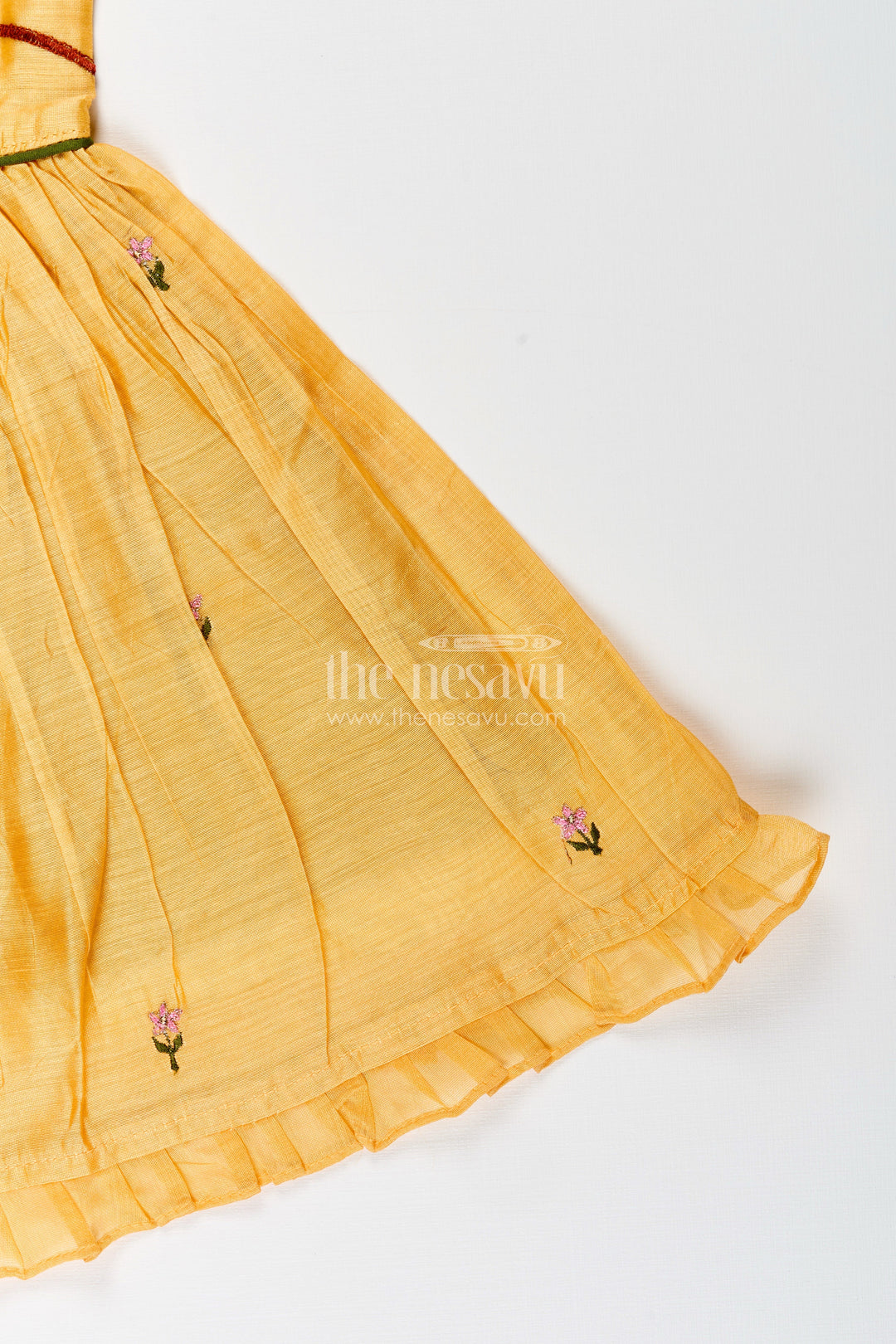 The Nesavu Girls Chanderi Frock Baby Girl Chanderi Frock with Bird Embroidery for Festive Occasions Nesavu Nesavu baby girl chanderi frock parrot embroidery ruffle sleeves festive celebrations