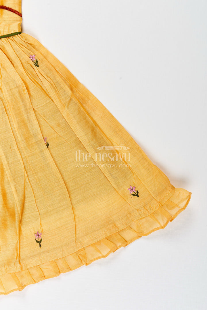 The Nesavu Girls Chanderi Frock Baby Girl Chanderi Frock with Bird Embroidery for Festive Occasions Nesavu Nesavu baby girl chanderi frock parrot embroidery ruffle sleeves festive celebrations