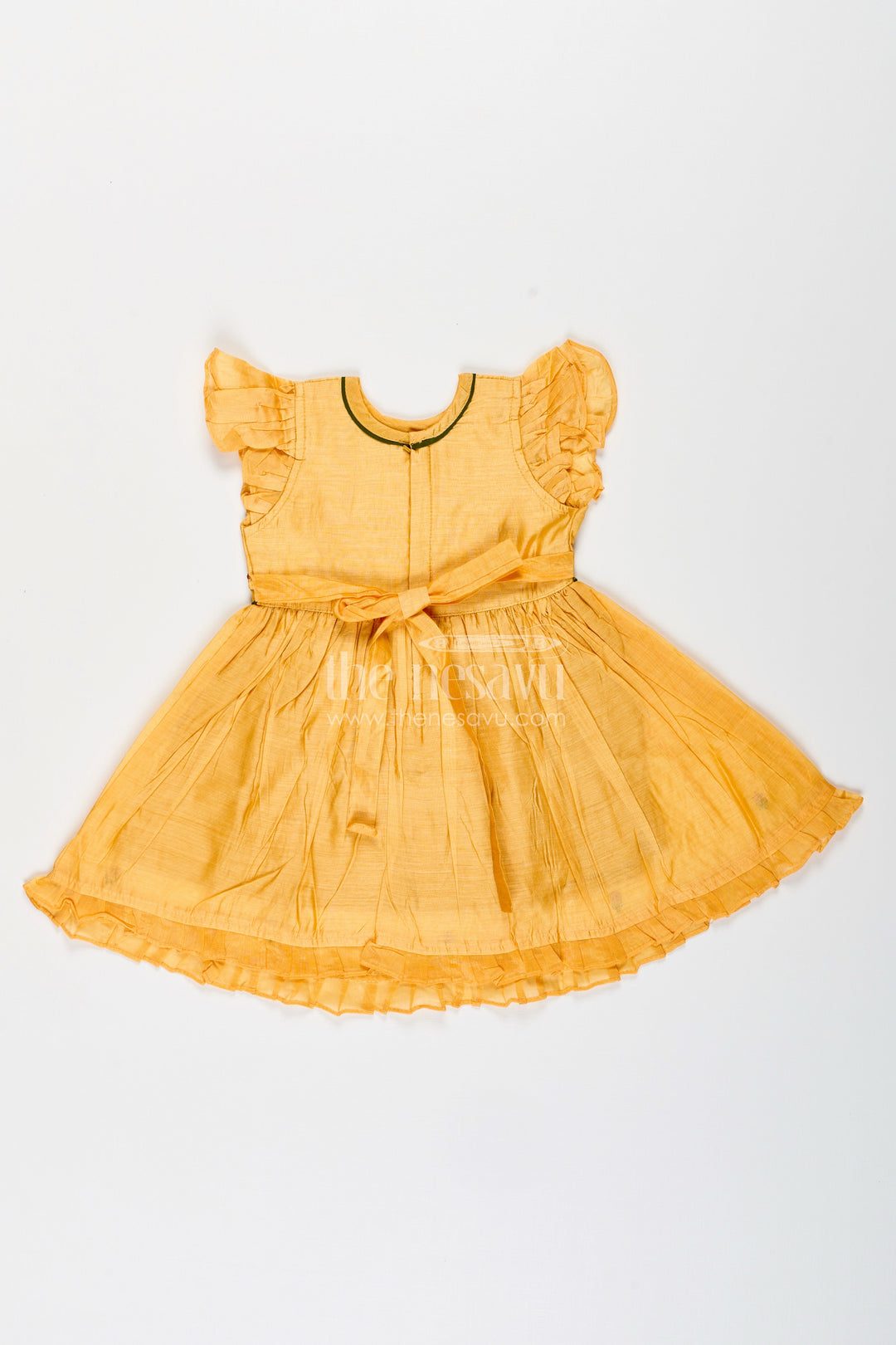 The Nesavu Girls Chanderi Frock Baby Girl Chanderi Frock with Bird Embroidery for Festive Occasions Nesavu Nesavu baby girl chanderi frock parrot embroidery ruffle sleeves festive celebrations