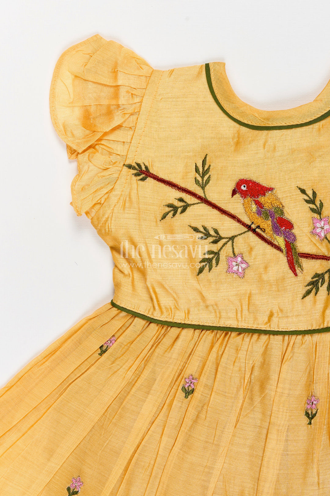 The Nesavu Girls Chanderi Frock Baby Girl Chanderi Frock with Bird Embroidery for Festive Occasions Nesavu Nesavu baby girl chanderi frock parrot embroidery ruffle sleeves festive celebrations