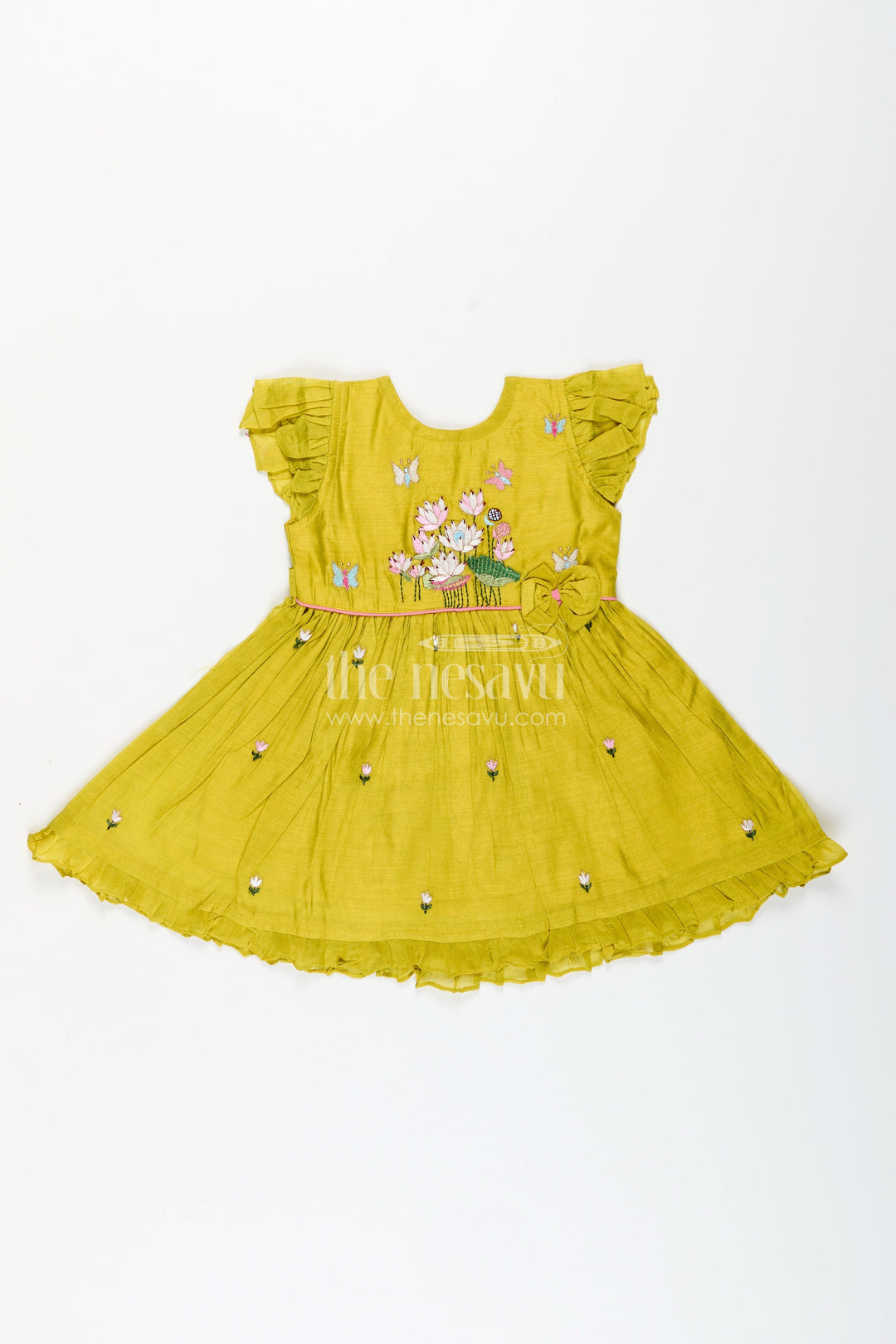 The Nesavu Girls Chanderi Frock Baby Girl Chanderi Frock with Floral Embroidery for Festivals and Outings Nesavu 16 (1Y) / Green GFC1940A-16 Nesavu baby girl chanderi frock lotus butterfly embroidery festive moments
