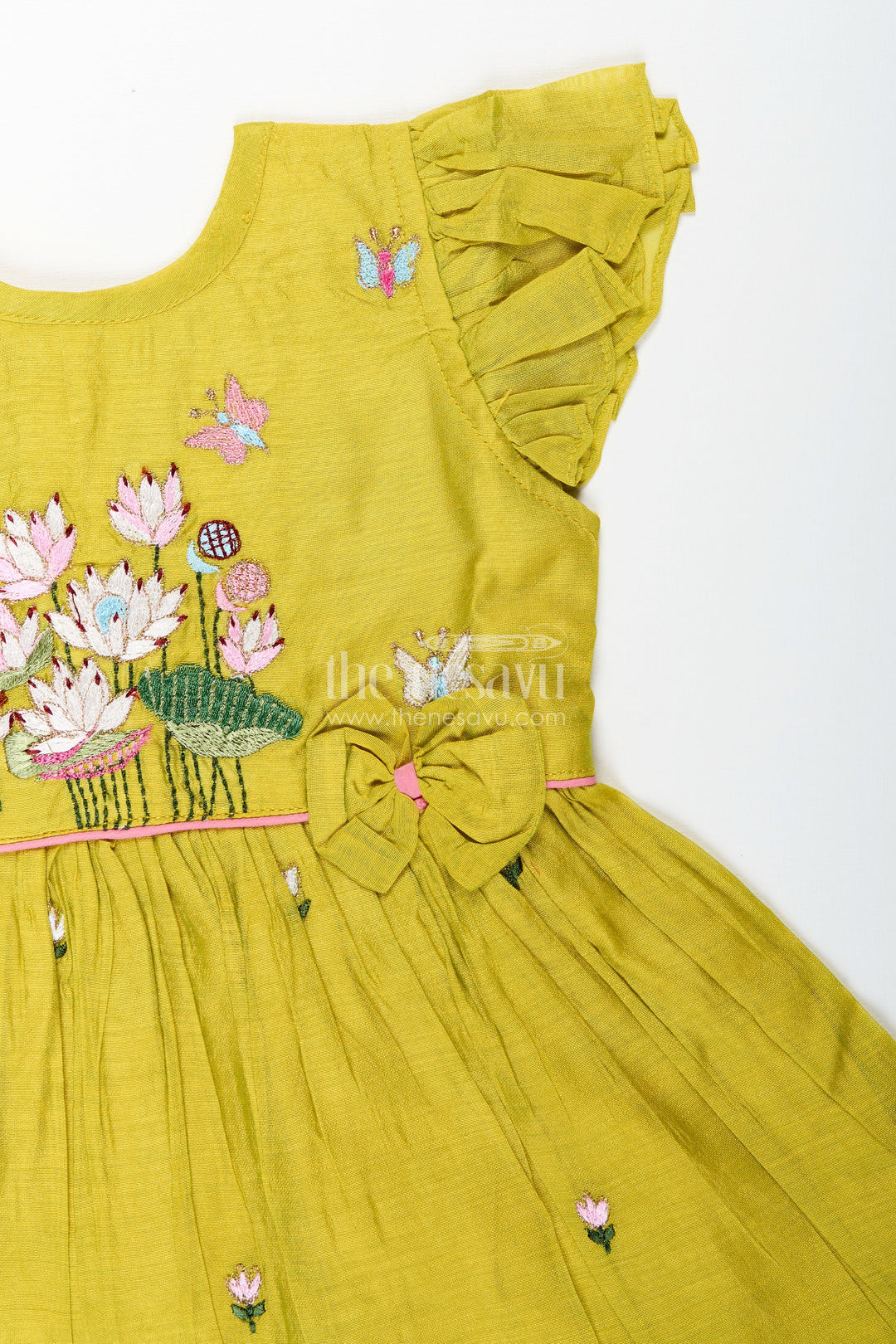 The Nesavu Girls Chanderi Frock Baby Girl Chanderi Frock with Floral Embroidery for Festivals and Outings Nesavu Nesavu baby girl chanderi frock lotus butterfly embroidery festive moments