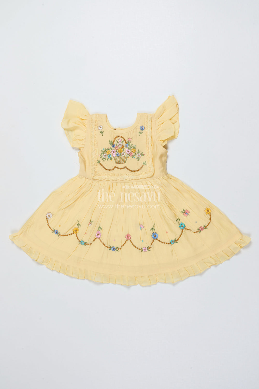 The Nesavu Girls Chanderi Frock Baby Girl Chanderi Frock with Floral Embroidery for Naming Ceremony Nesavu 16 (1Y) / Yellow GFC2012A-16 Nesavu baby girl chanderi frock floral embroidery naming ceremony festive wear